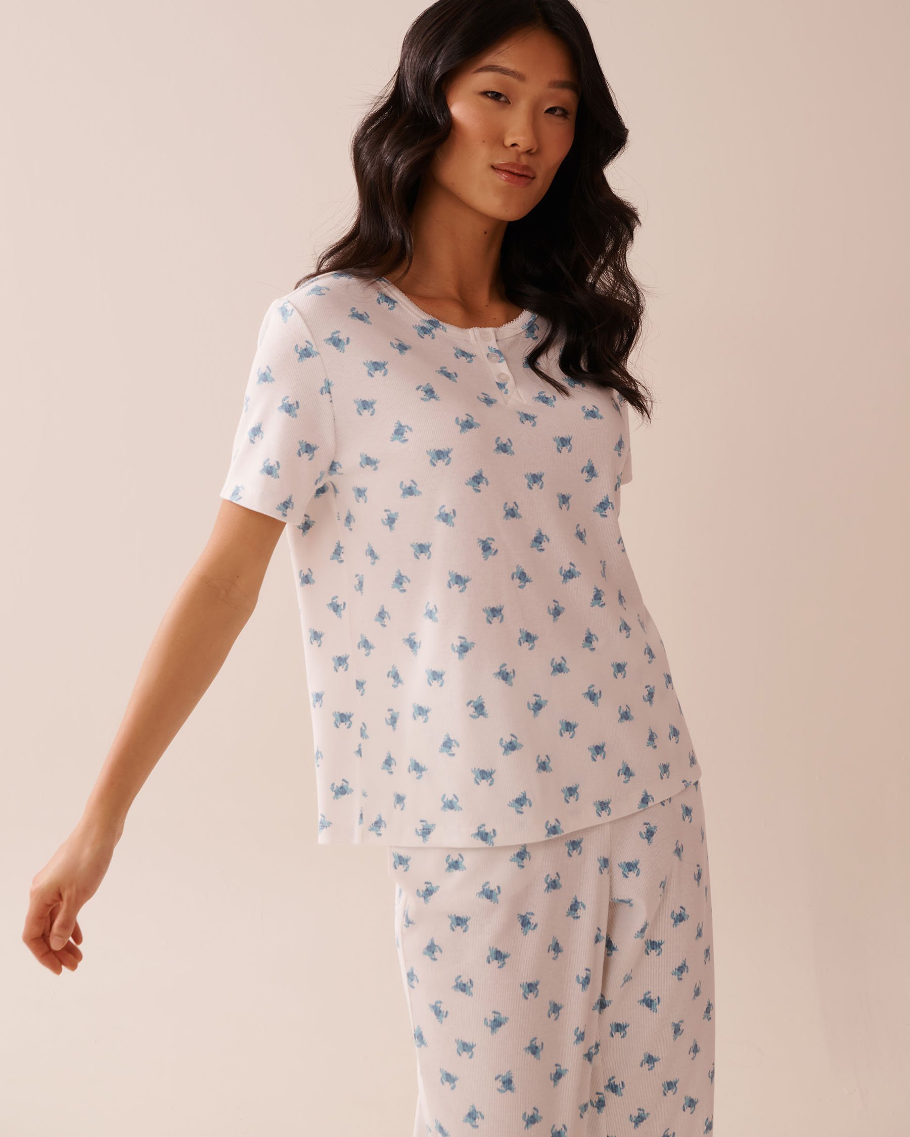 LA VIE EN ROSE Crab Print Ribbed T-shirt White/Crab 40100731 - View1