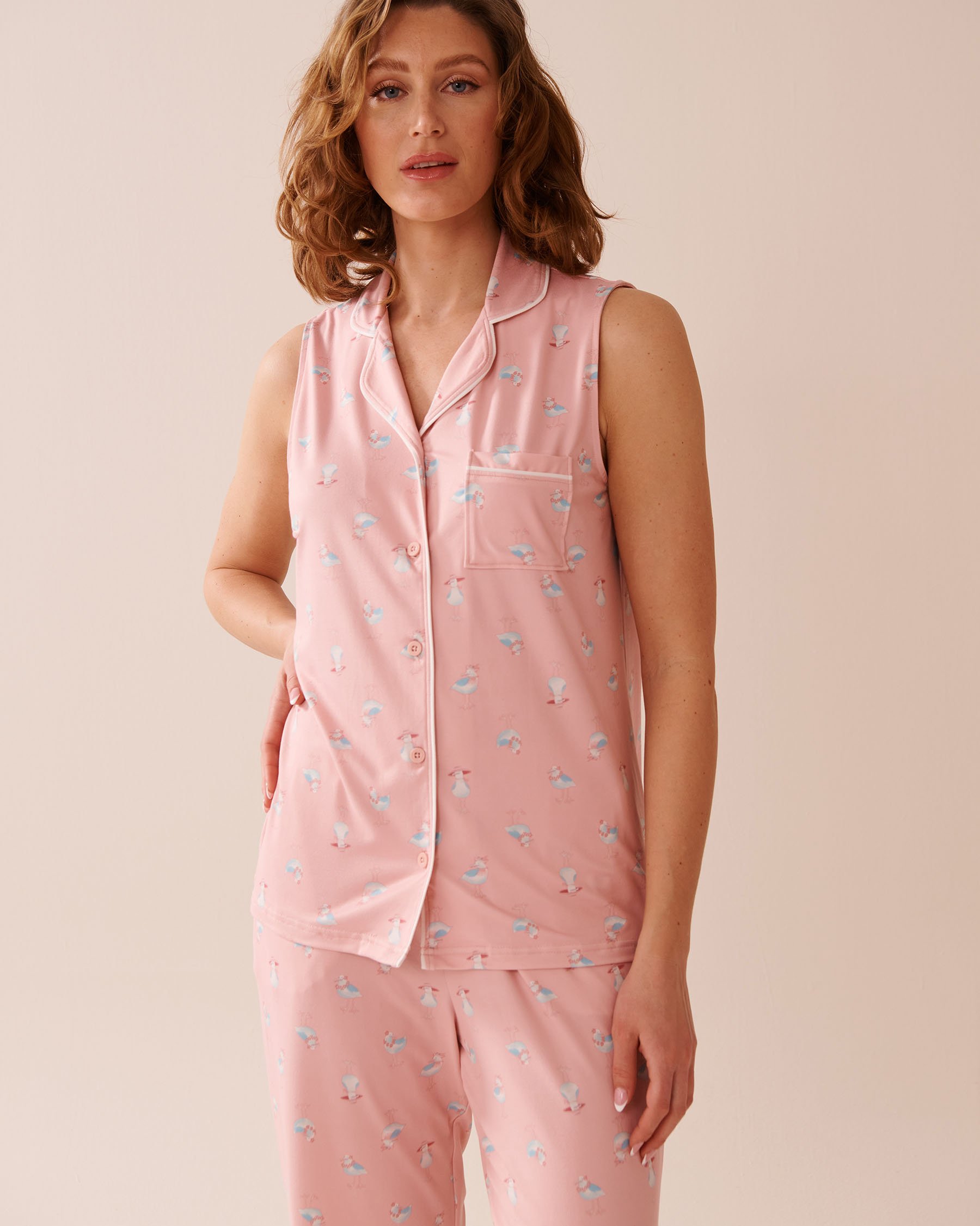 LA VIE EN ROSE Seagull Print Super Soft Sleeveless Button-down Shirt Pink/Seagull 40100740 - View1