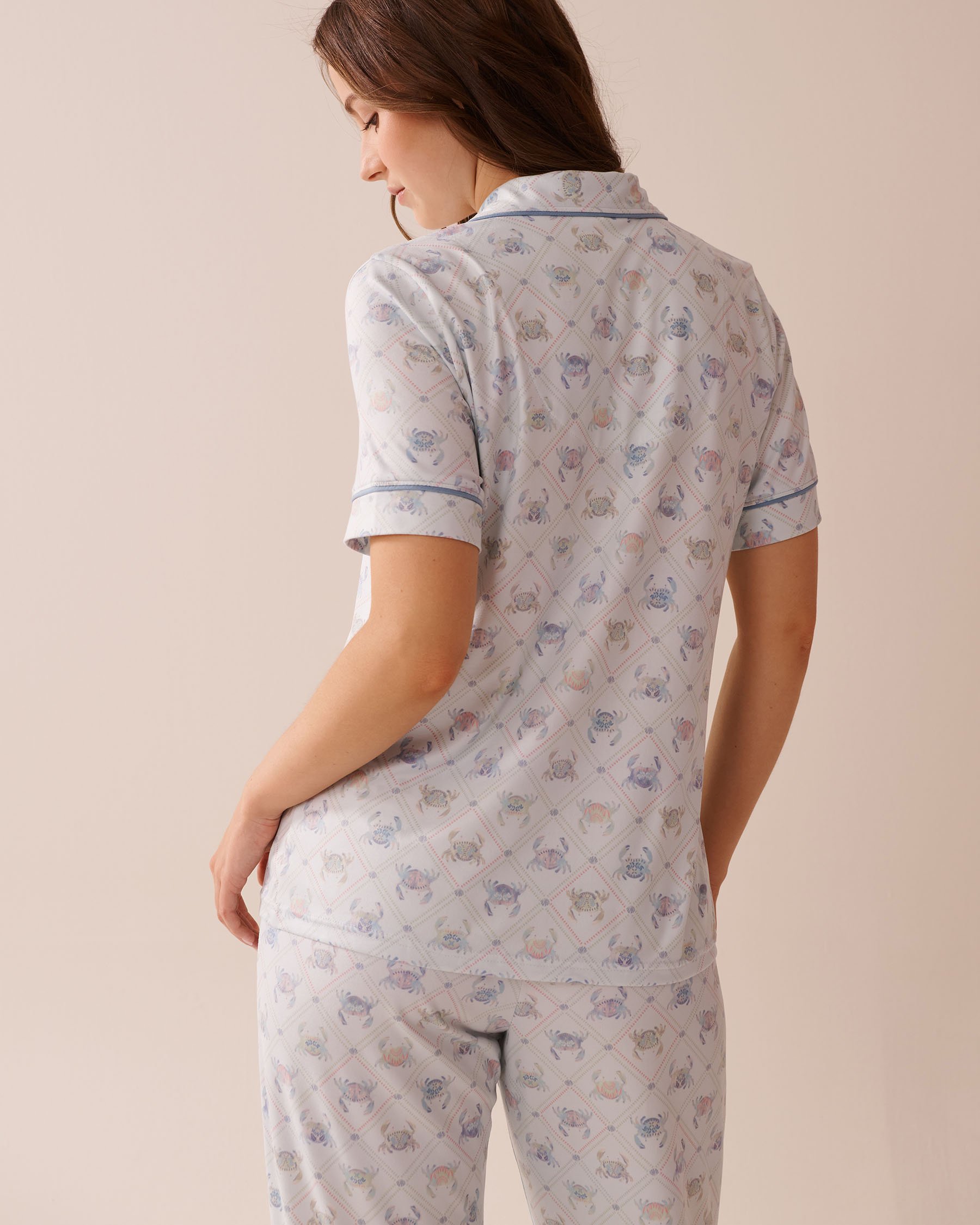 LA VIE EN ROSE Crab Print Super Soft Short Sleeve Button-down Shirt Sea Blue/Crab 40100741 - View2