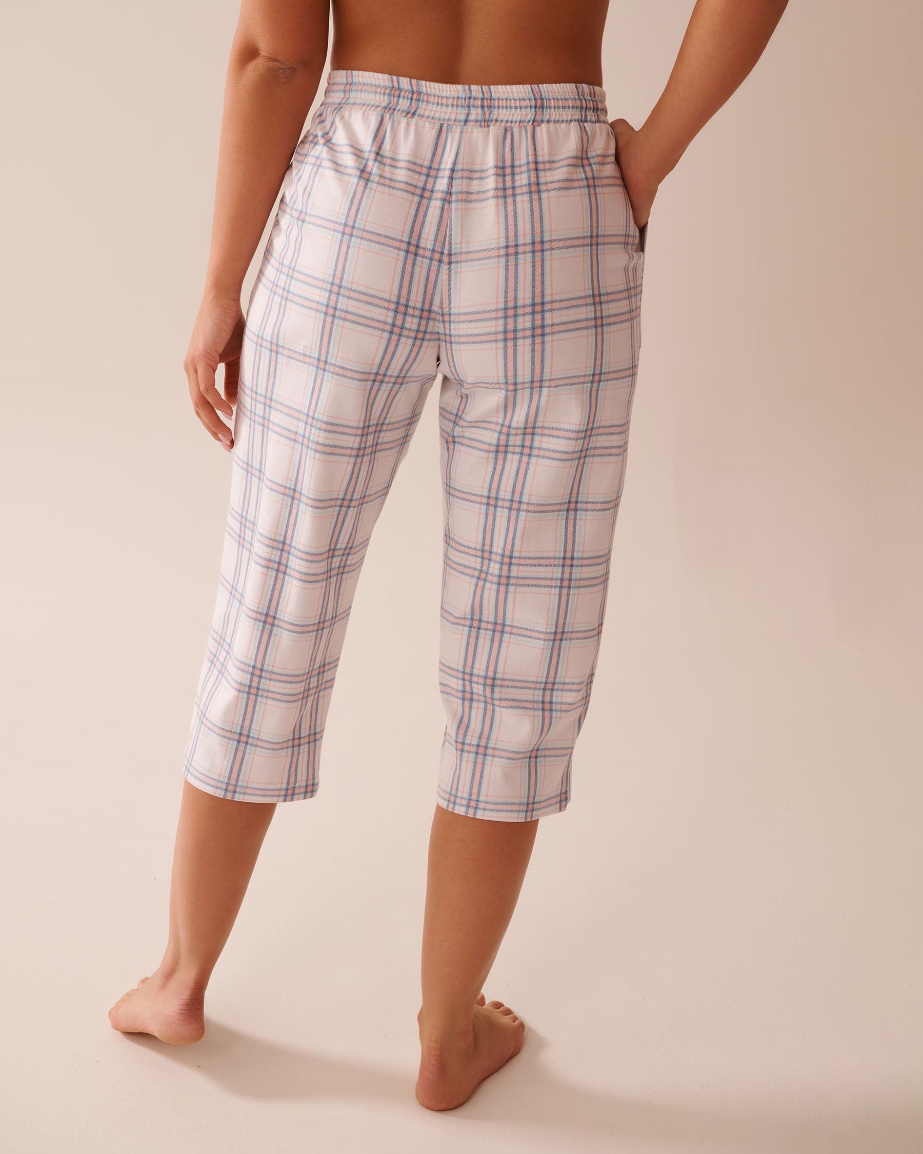 LA VIE EN ROSE Peach Plaid Cotton Pajama Capris Peach & Blue Stripe 40200713 - View2