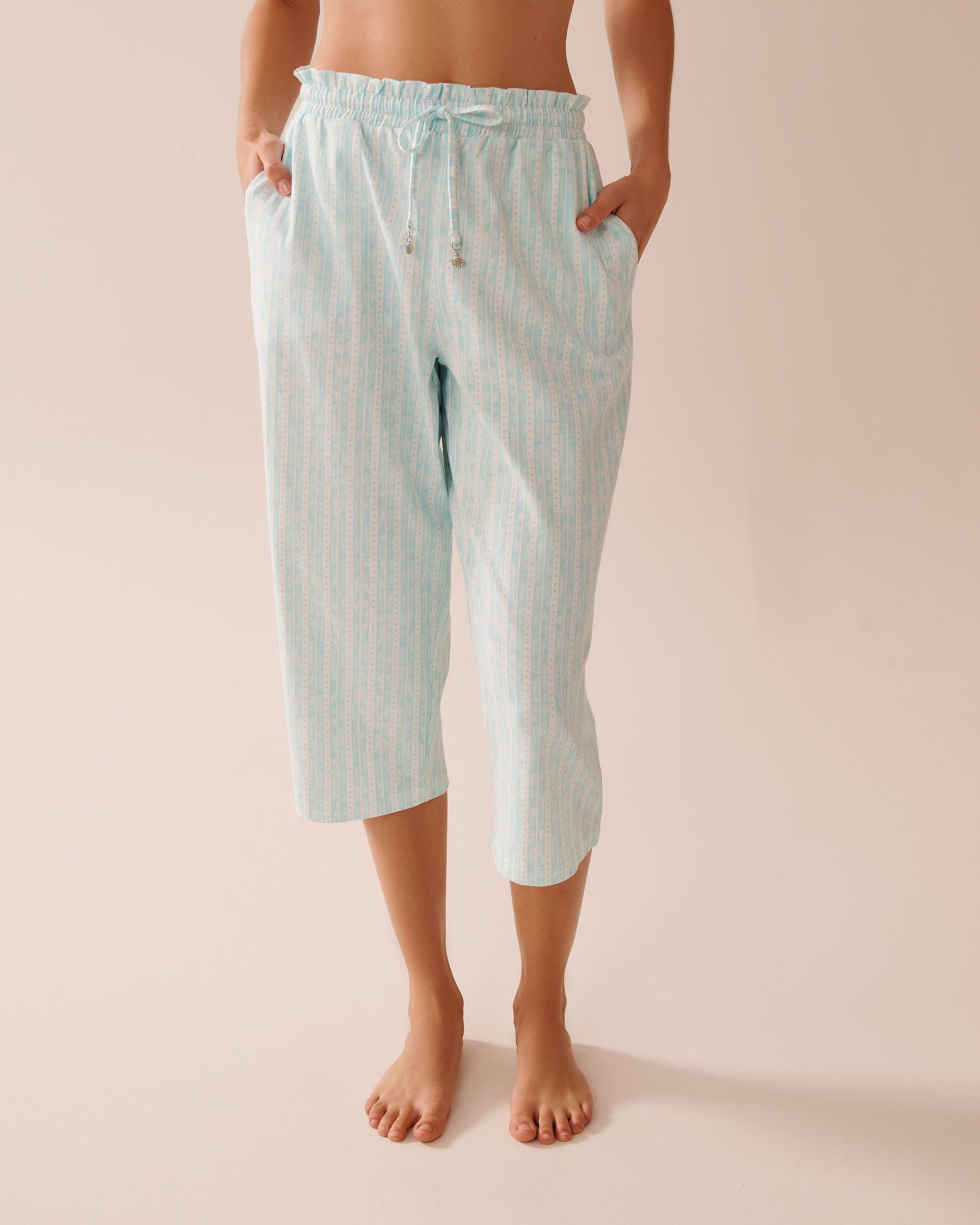 LA VIE EN ROSE Stripe Print Cotton Pajama Capris Aqua Blue Stripe 40200714 - View4