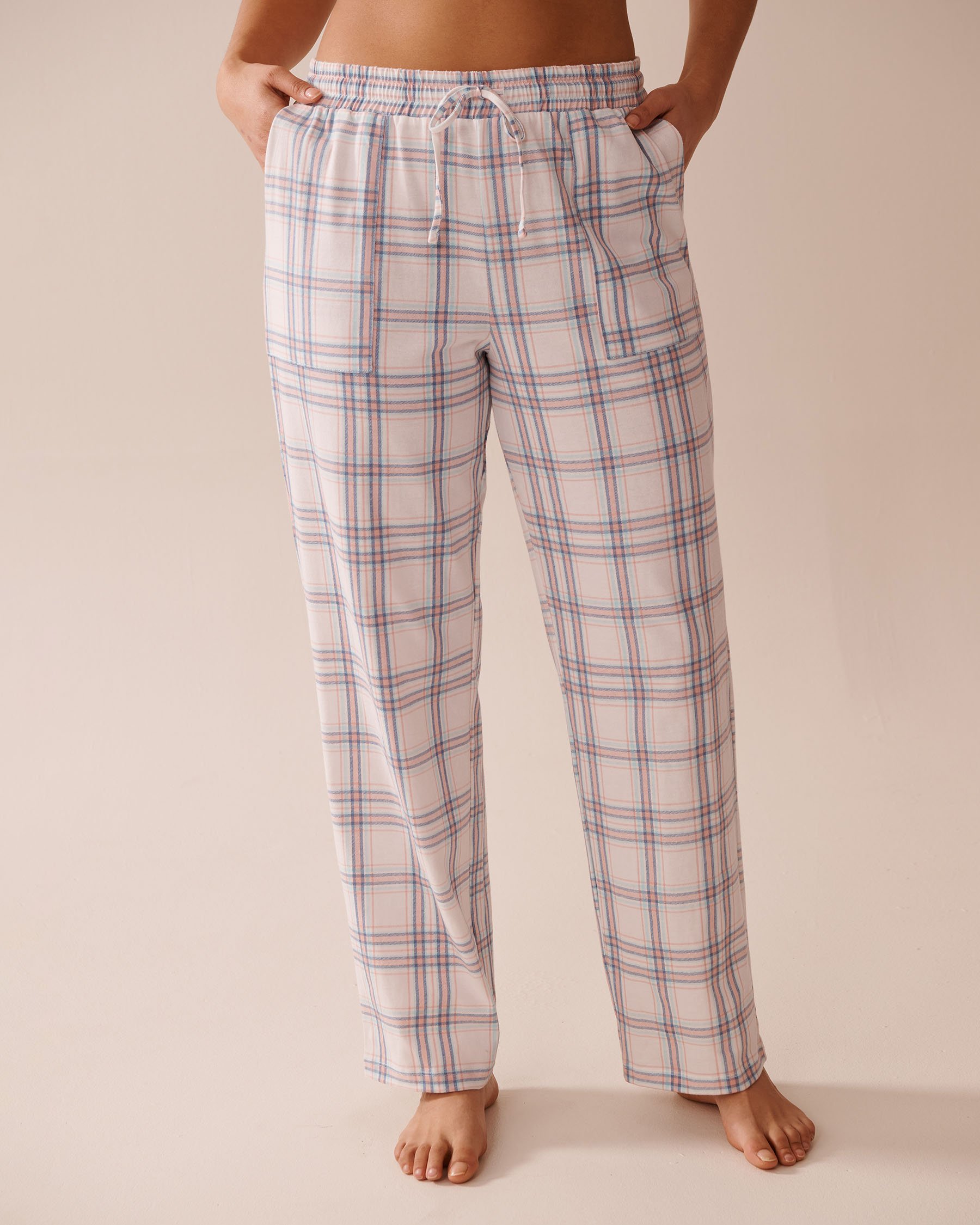 LA VIE EN ROSE Peach Plaid Cotton Pajama Pants Peach & Blue Stripe 40200716 - View1