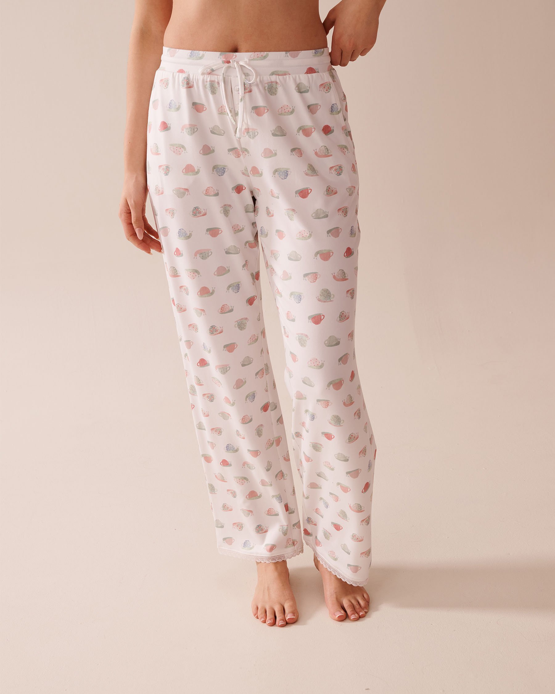 LA VIE EN ROSE Snail Print Lace Trim Super Soft Pajama Pants White/Snail 40200729 - View1