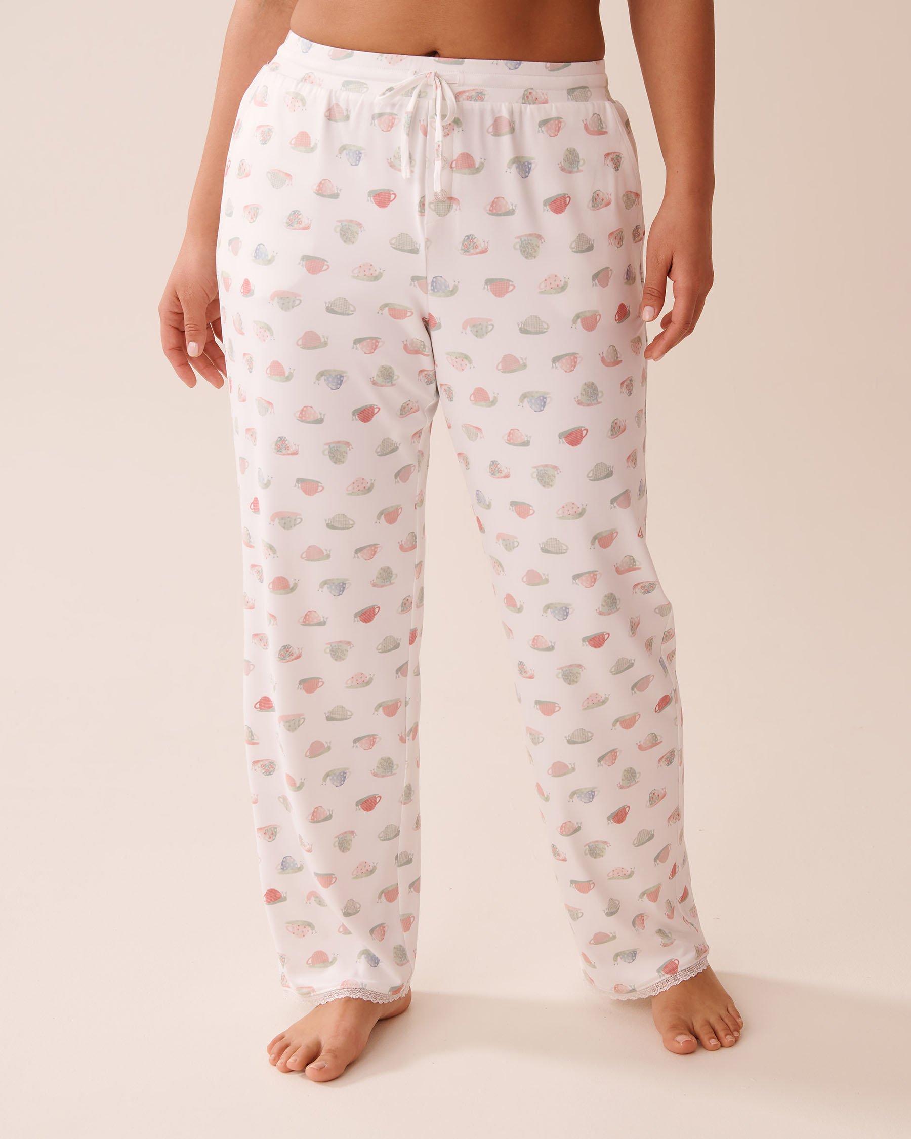 LA VIE EN ROSE Snail Print Lace Trim Super Soft Pajama Pants White/Snail 40200729 - View3