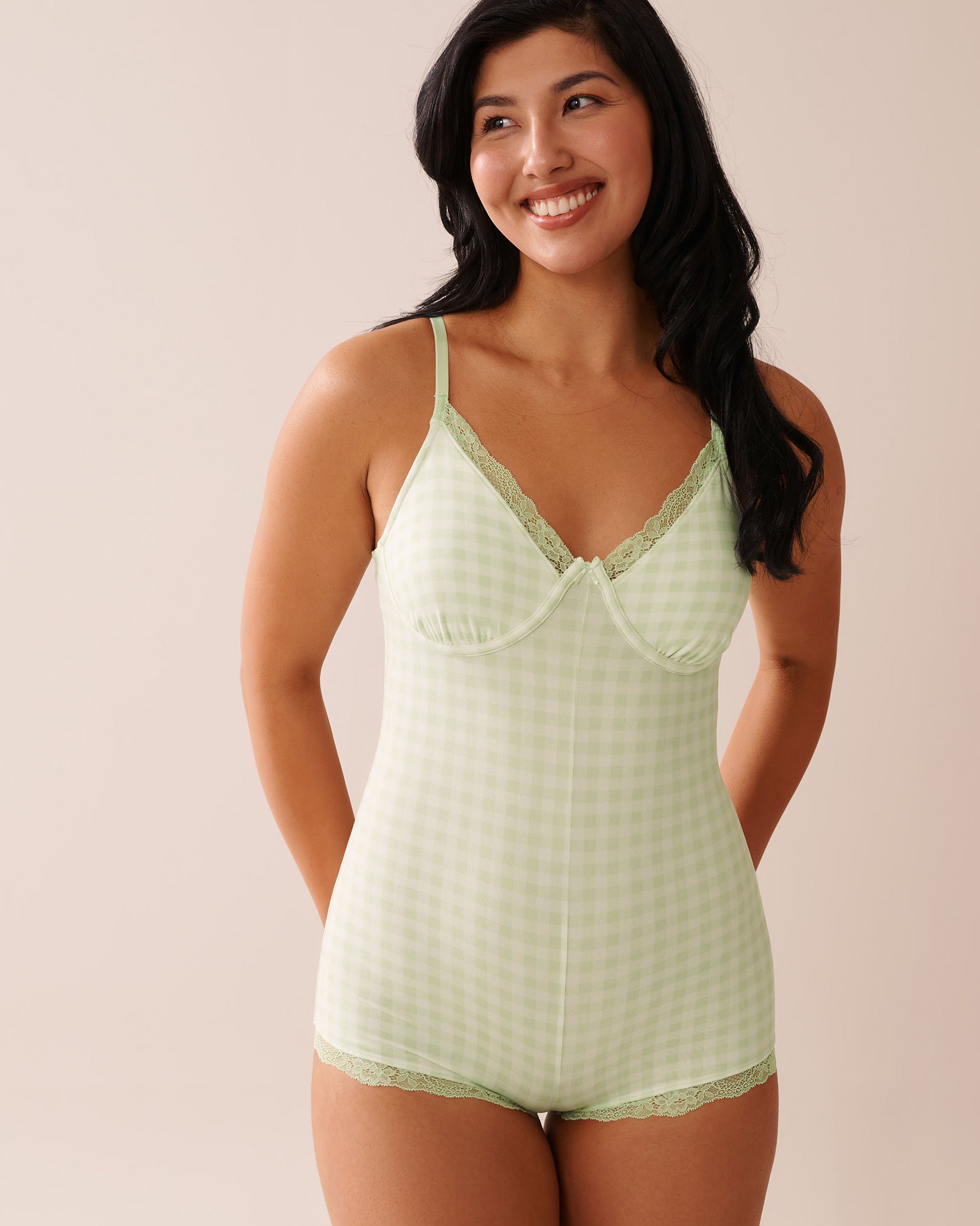 LA VIE EN ROSE Gingham Print Super Soft Sleeveless Romper Green Gingham 40300057 - View1