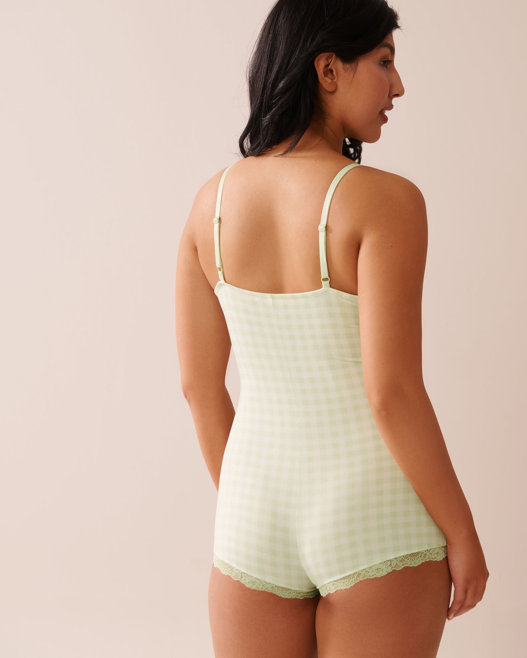 LA VIE EN ROSE Gingham Print Super Soft Sleeveless Romper Green Gingham 40300057 - View2