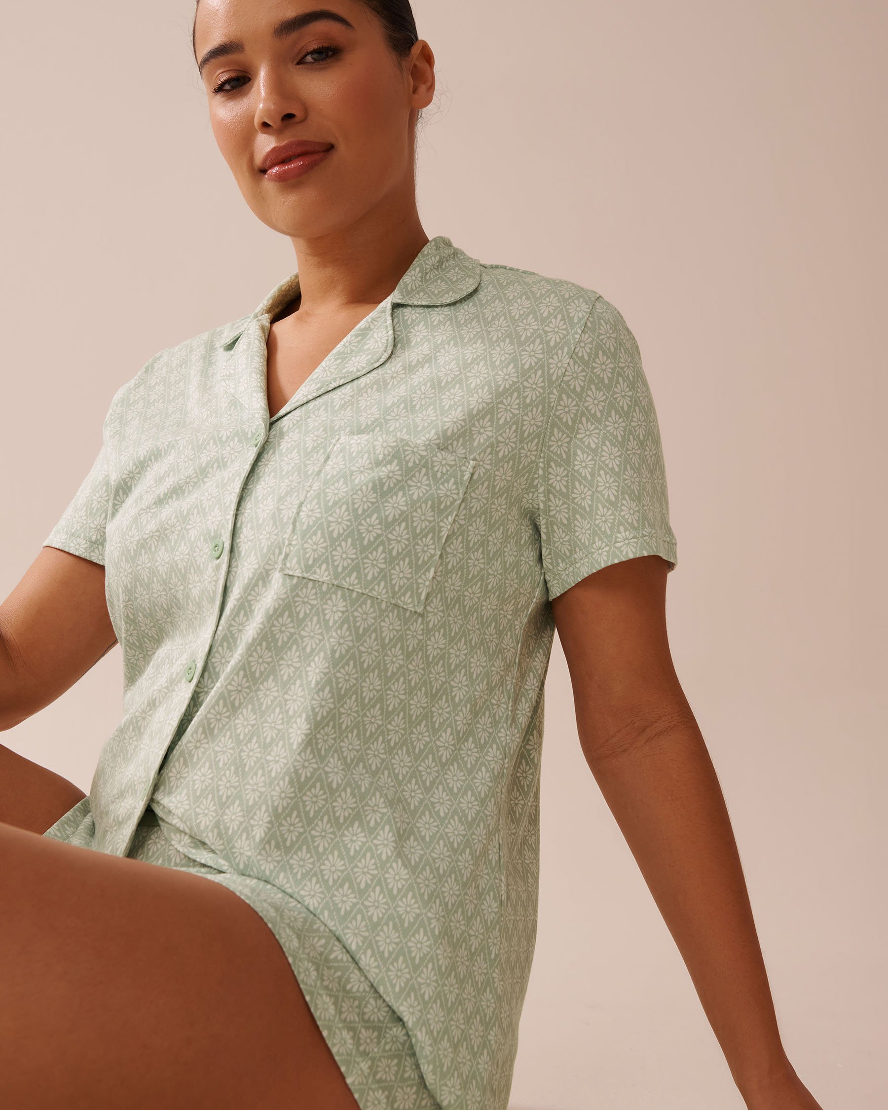 LA VIE EN ROSE Geometric Print Shirt PJ Set Green/Geometric 40400081 - View4