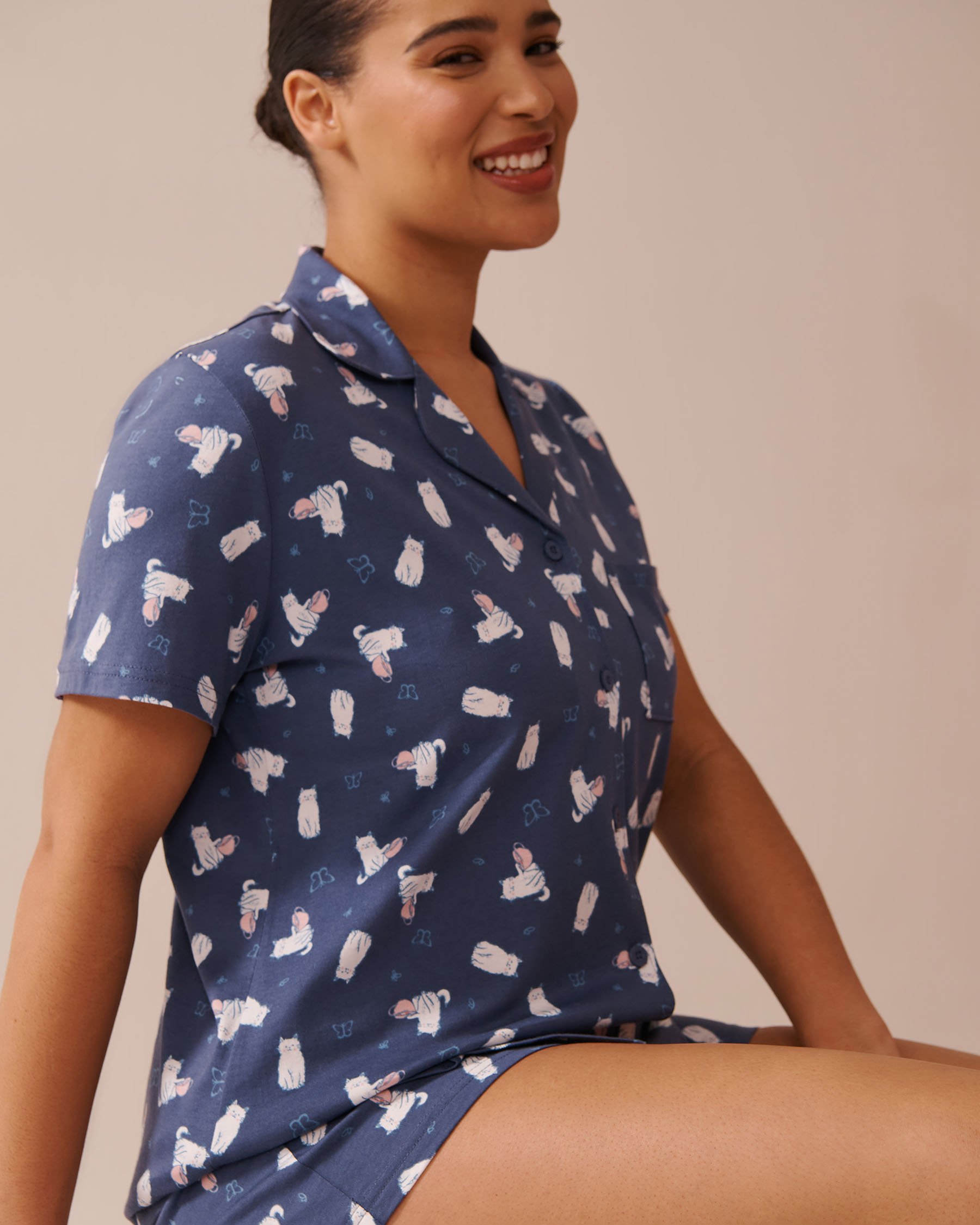 LA VIE EN ROSE Ensemble pyjama imprimé chat avec chemisier Bleu indigo/Chats 40400081 - Voir3