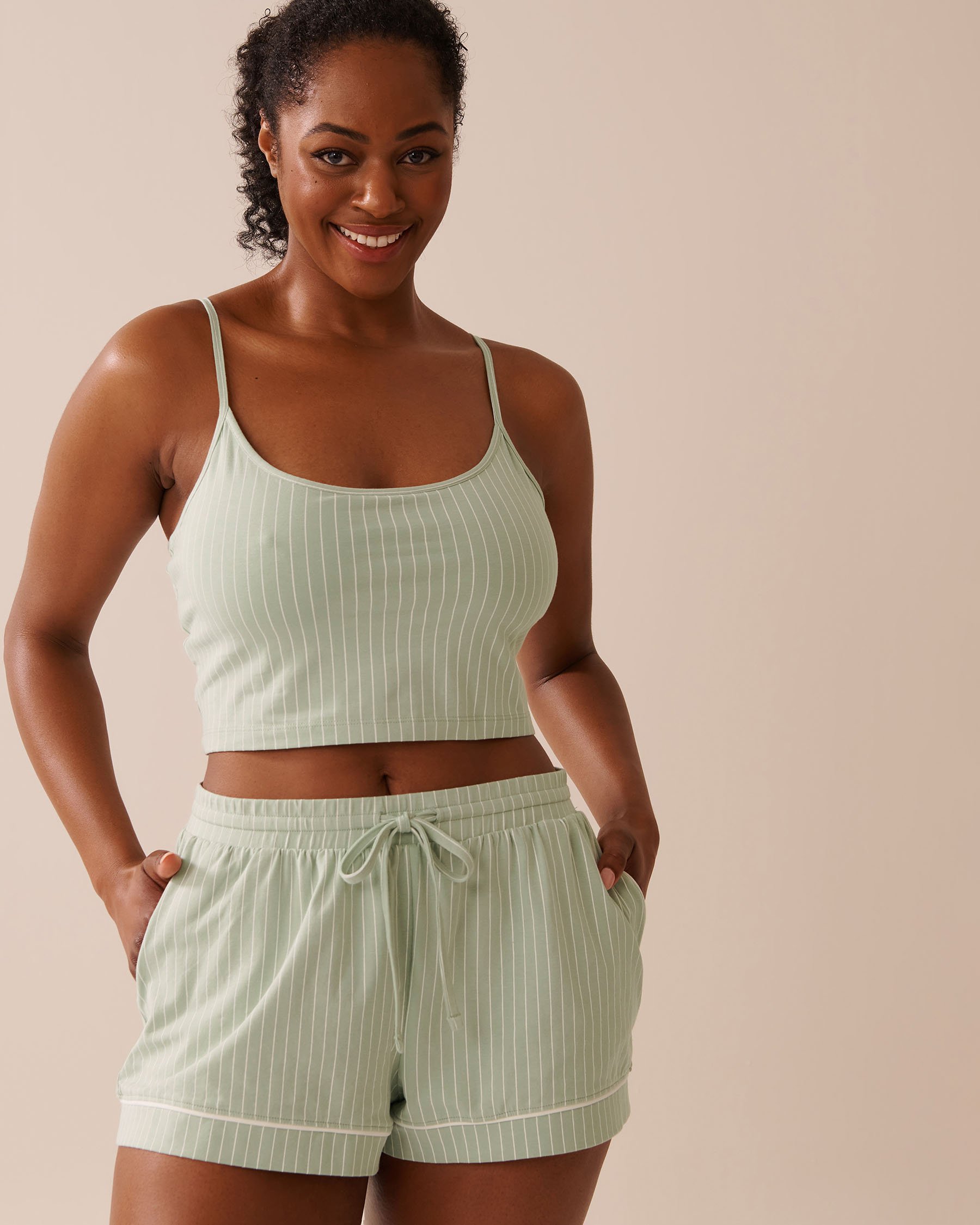 LA VIE EN ROSE Camisole courte à soutien intégré en coton Vert glacé/Rayures 40100727 - View1