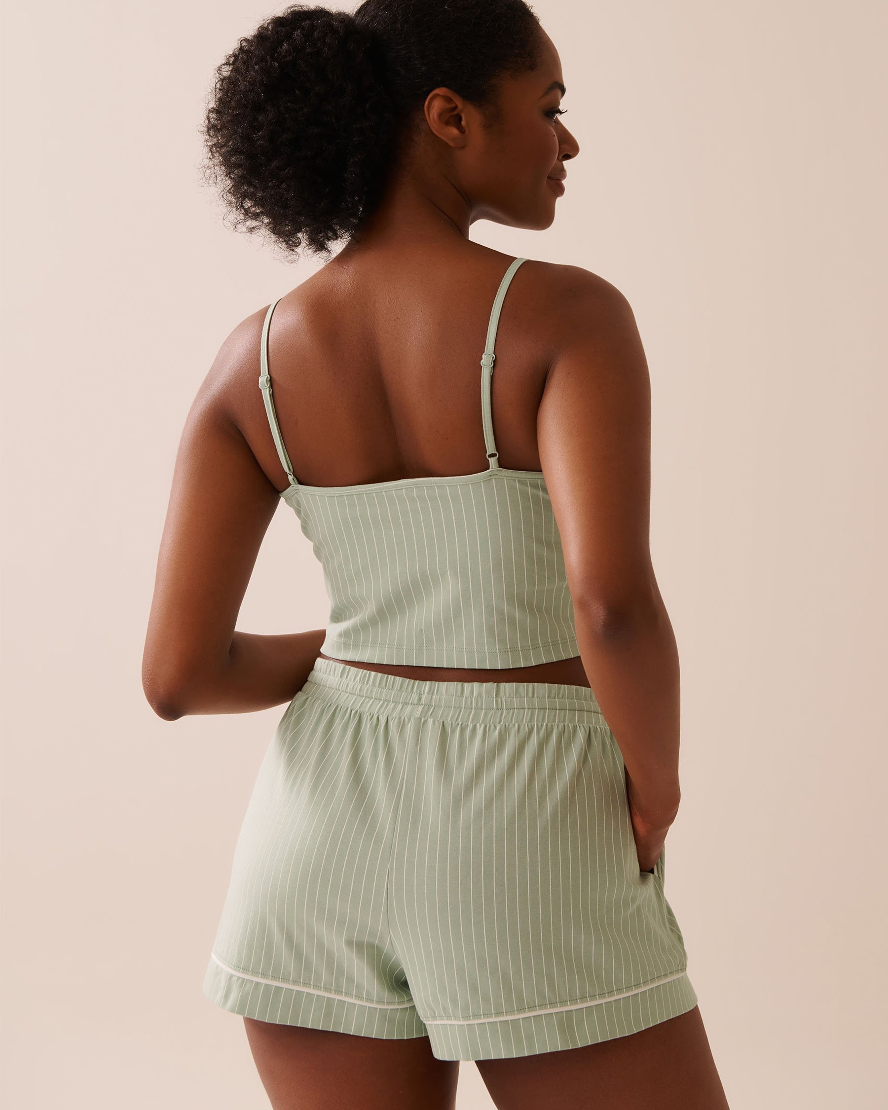 LA VIE EN ROSE Camisole courte à soutien intégré en coton Vert glacé/Rayures 40100727 - View2