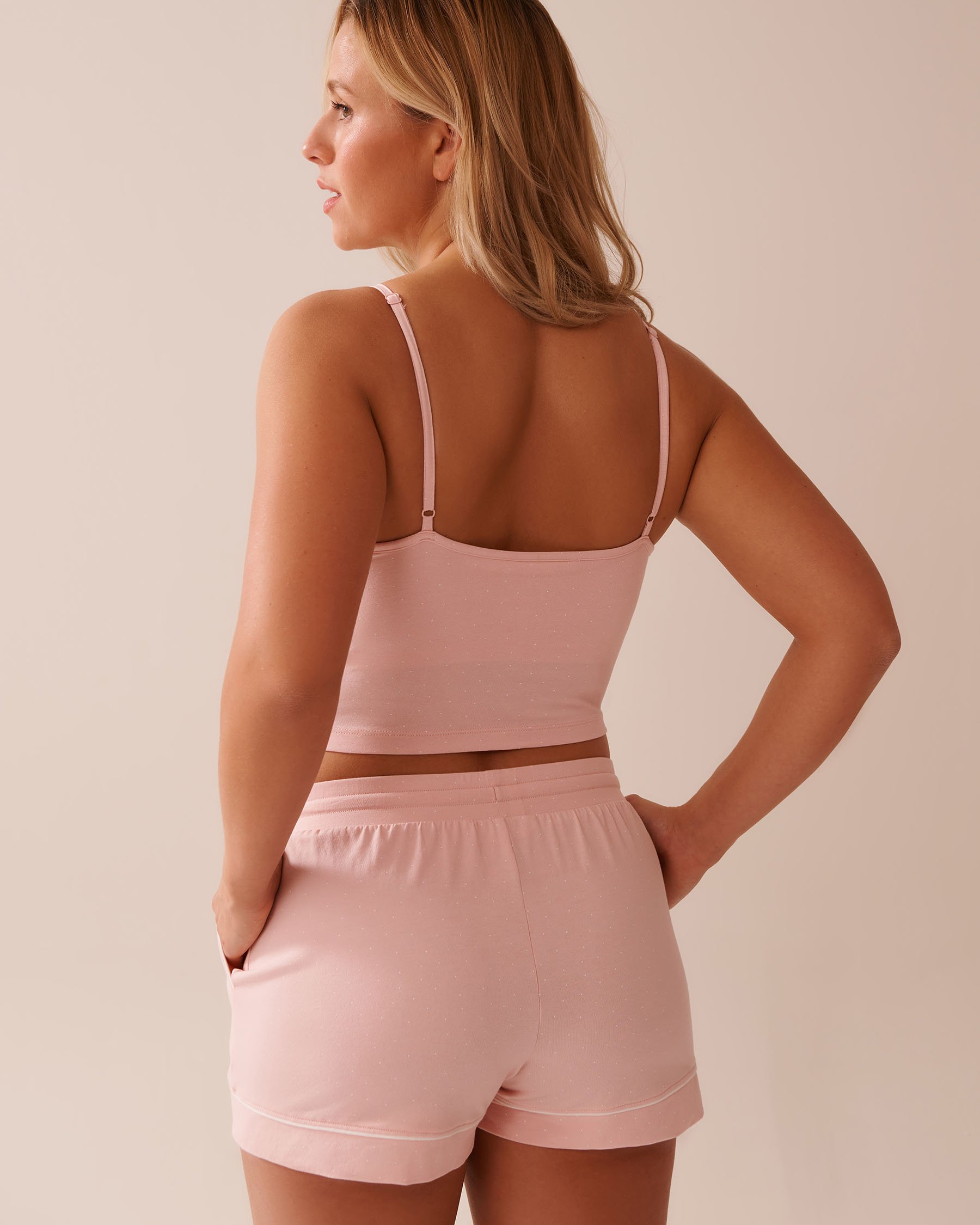 LA VIE EN ROSE Cotton Crop Cami with Shelf Bra Pink & White Polka Dot 40100727 - View2