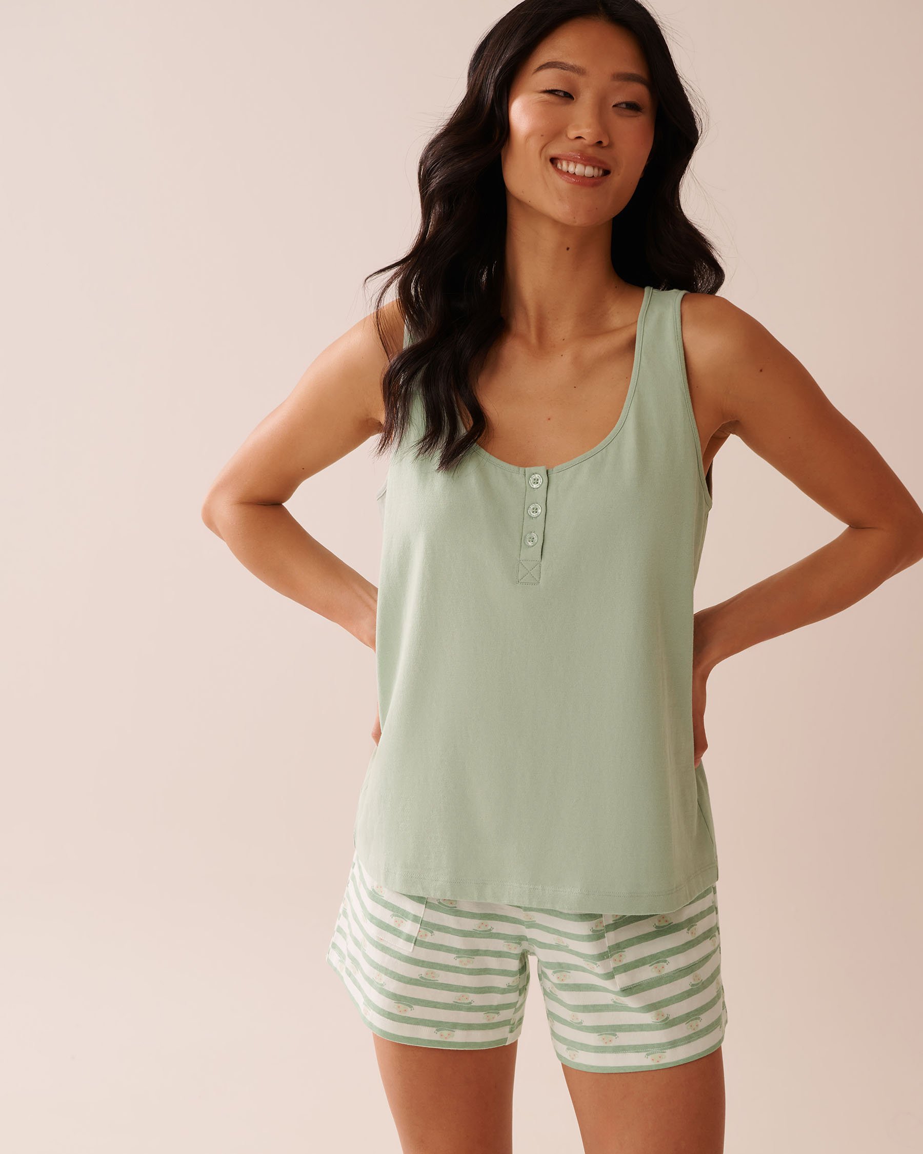 LA VIE EN ROSE Camisole henley en coton Vert glacé 40100722 - View1