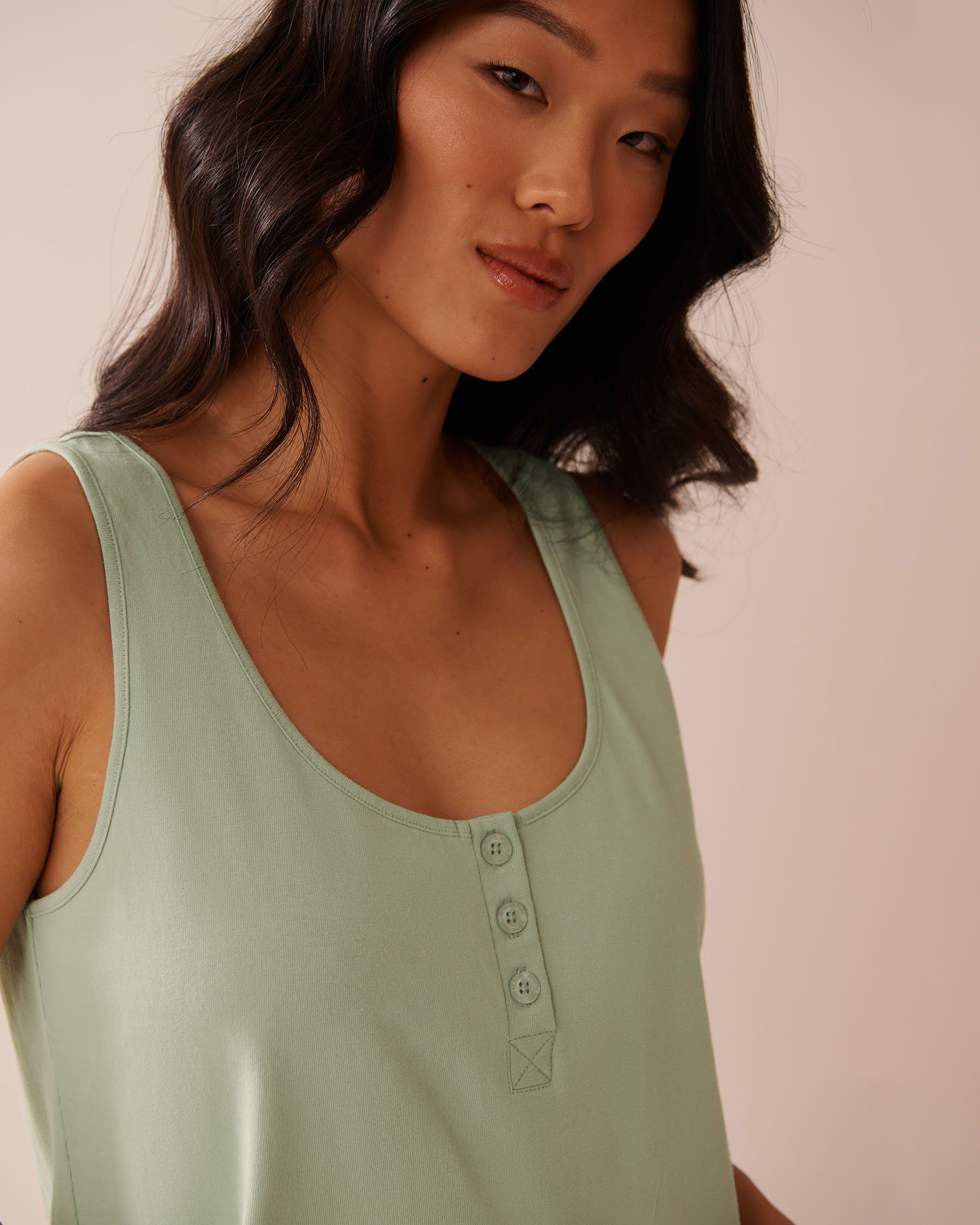 LA VIE EN ROSE Cotton Henley Cami Frosty Green 40100722 - View3