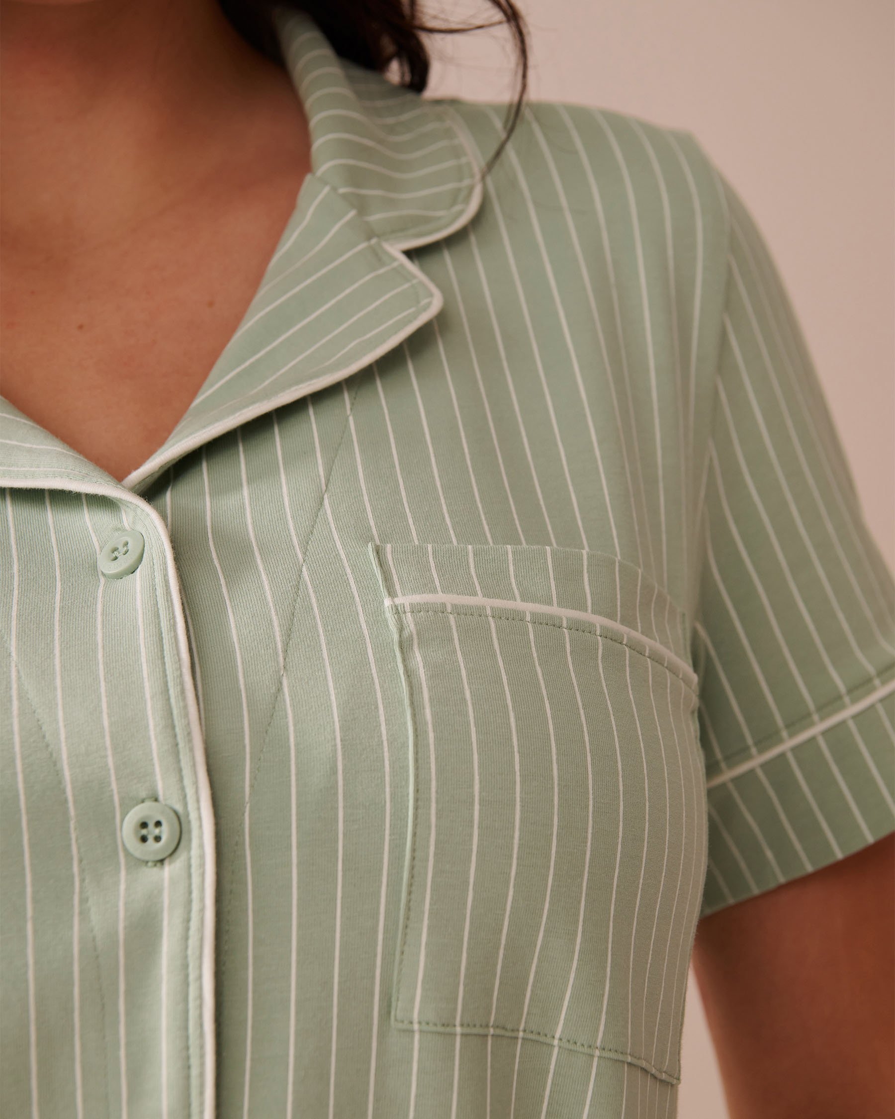 LA VIE EN ROSE Chemisier manches courtes en coton Vert glacé/Rayures 40100728 - Voir3