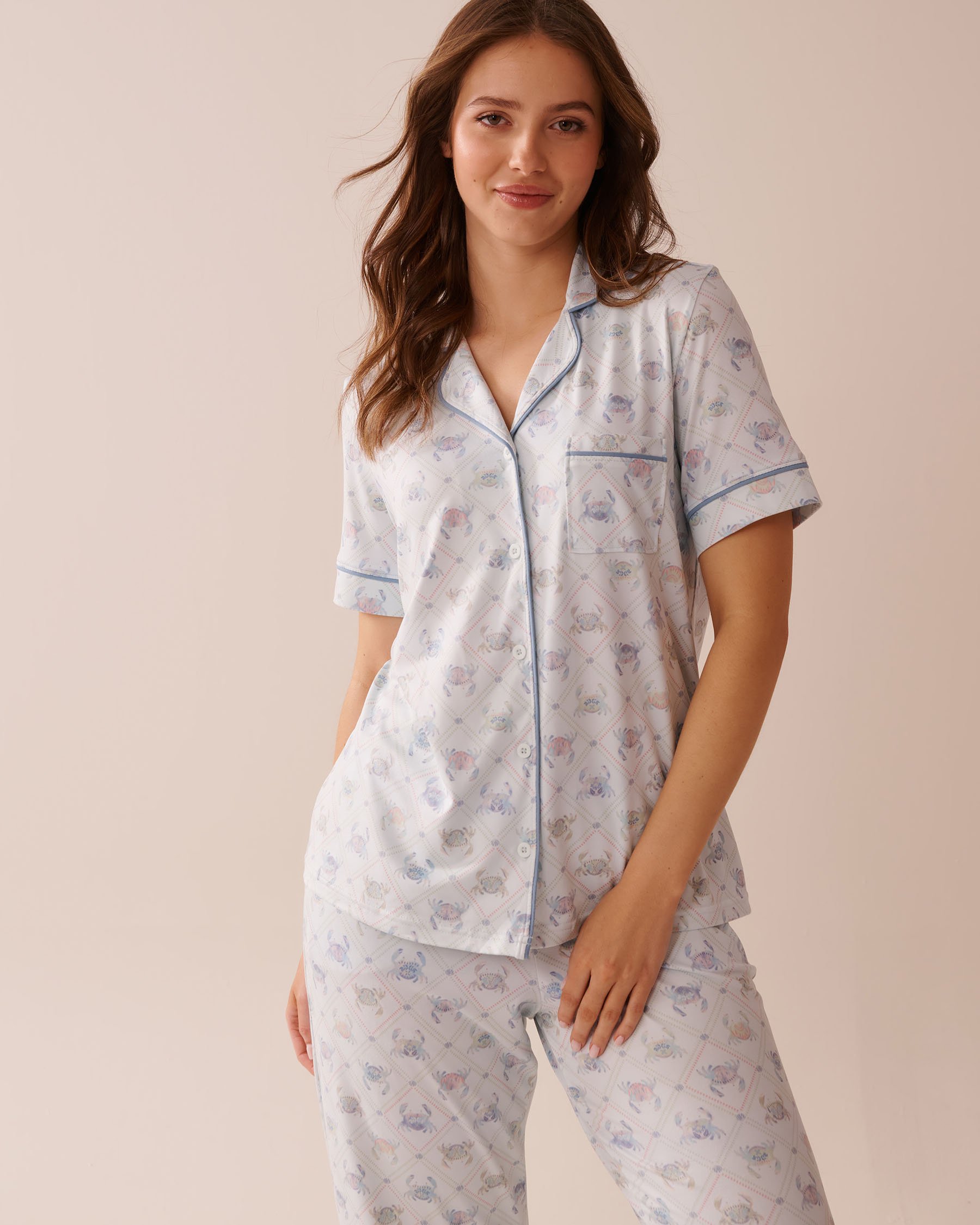 LA VIE EN ROSE Crab Print Super Soft Short Sleeve Button-down Shirt Sea Blue/Crab 40100741 - View1