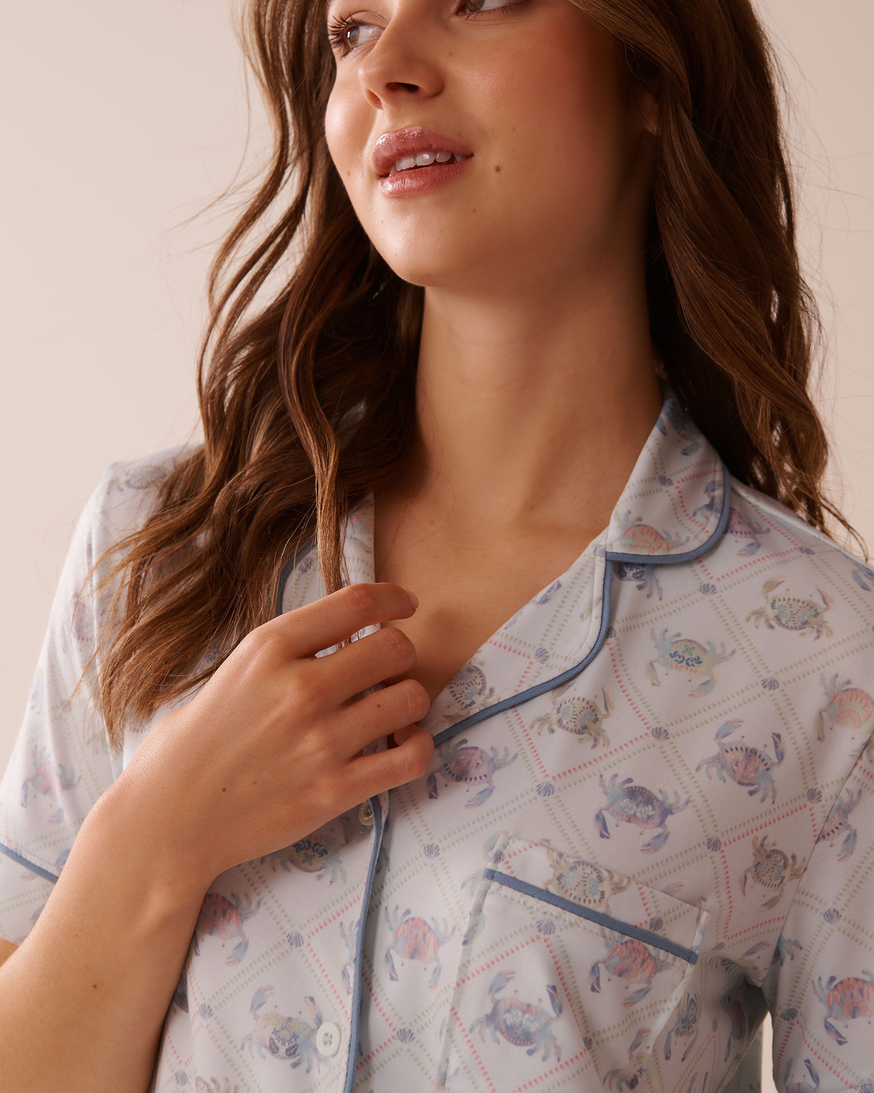 LA VIE EN ROSE Crab Print Super Soft Short Sleeve Button-down Shirt Sea Blue/Crab 40100741 - View3