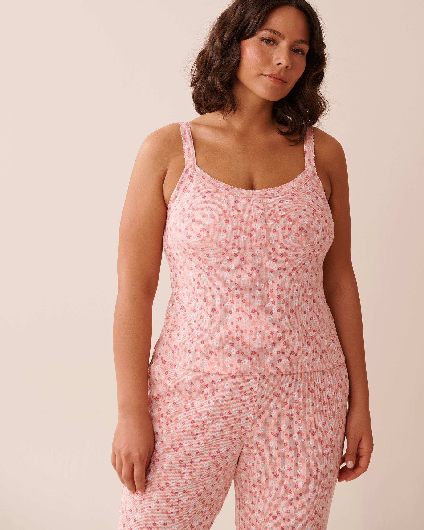 LA VIE EN ROSE Ditsy Floral Print Ribbed Cami with Shelf Bra Small Pink Flowers 40100730 - View4