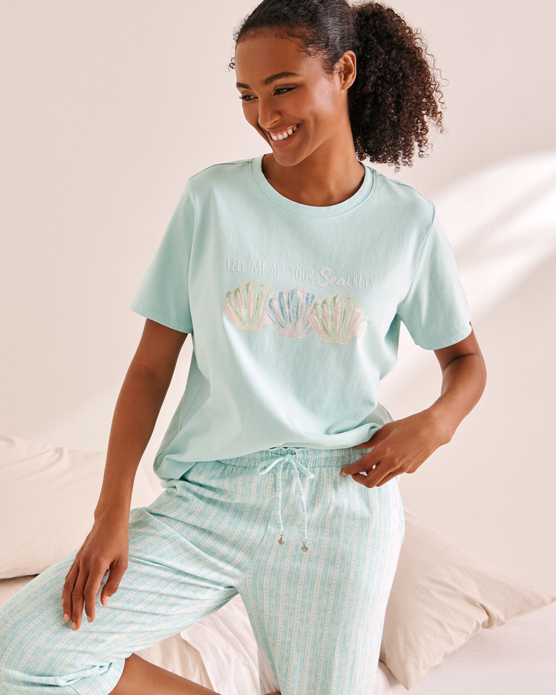 LA VIE EN ROSE T-shirt col rond en coton imprimé coquillage Turquoise 40100726 - View1