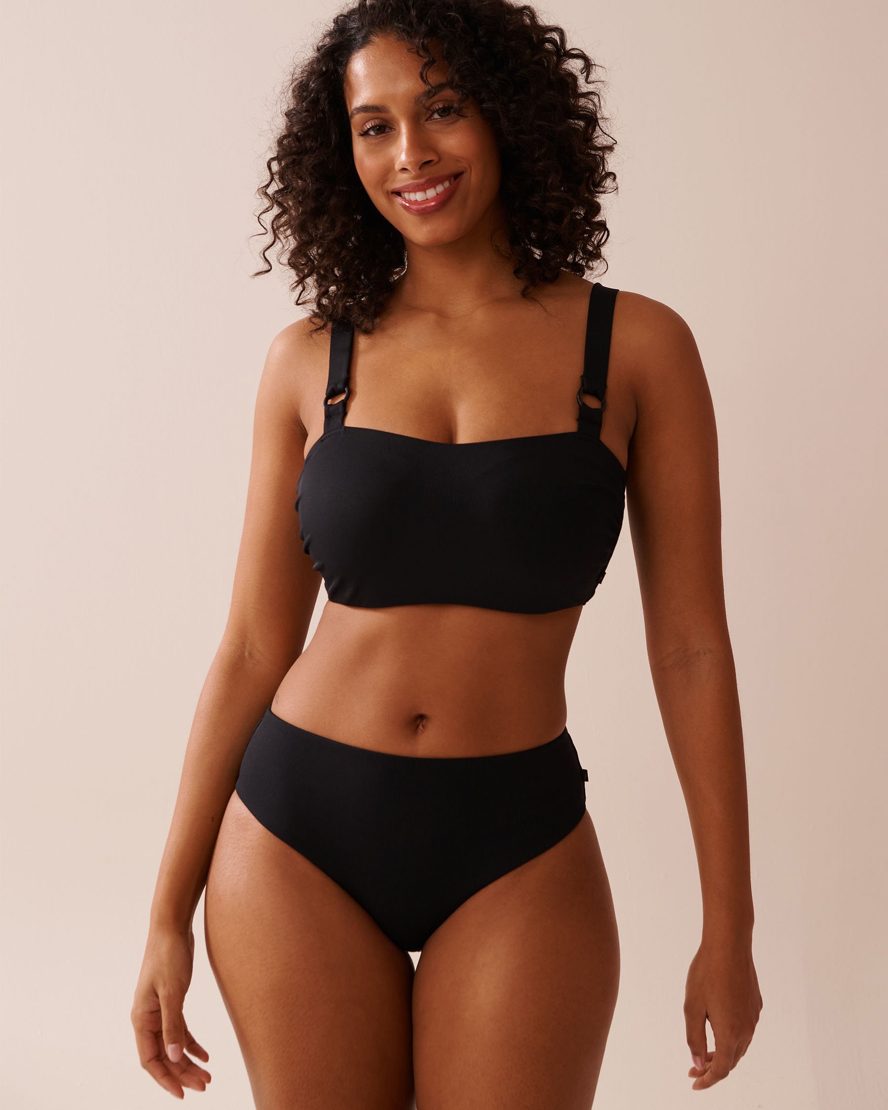 LA VIE EN ROSE AQUA SOLID Recycled Fibers Ribbed D Cup Bandeau Bikini Top Black 70200165 - View1