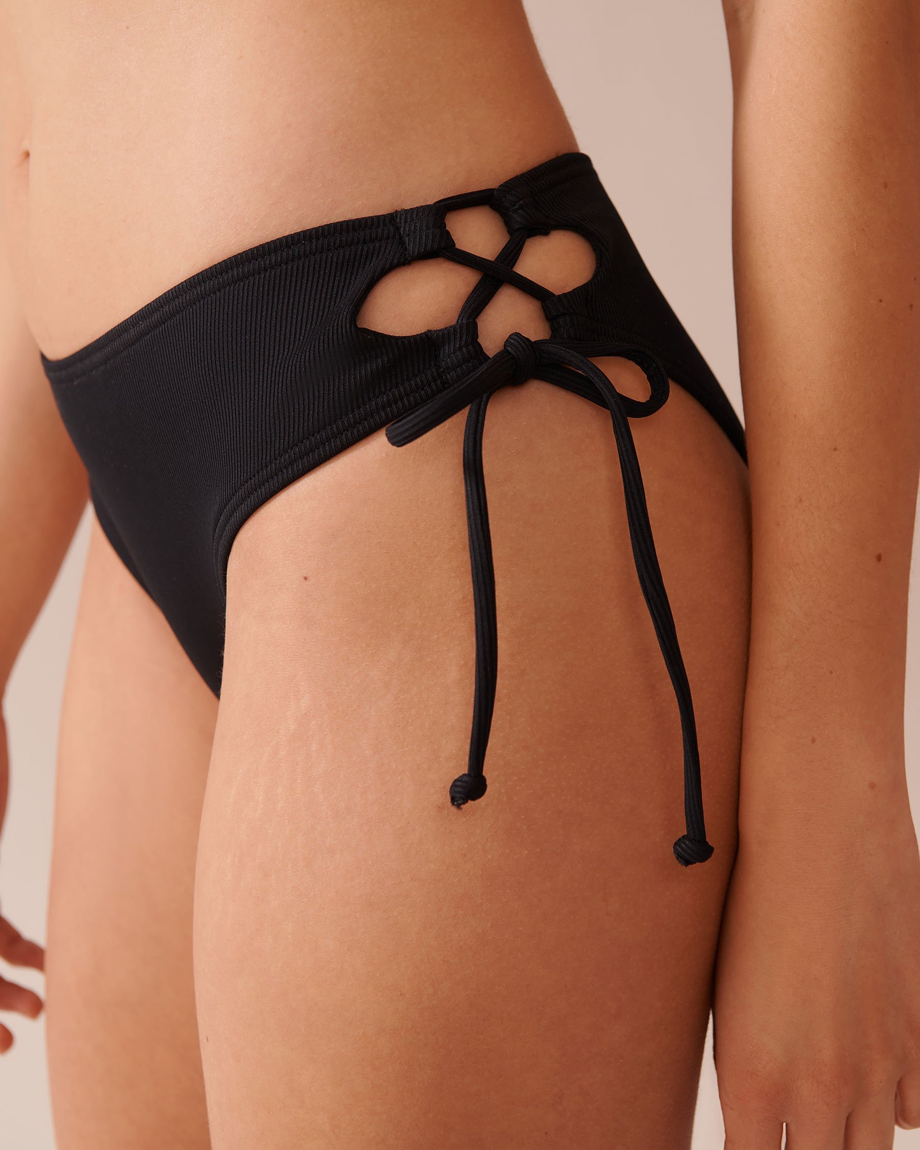 LA VIE EN ROSE AQUA SOLID Recycled Fibers Ribbed Cross-Tie Brazilian Bikini Bottom Black 70300689 - View3