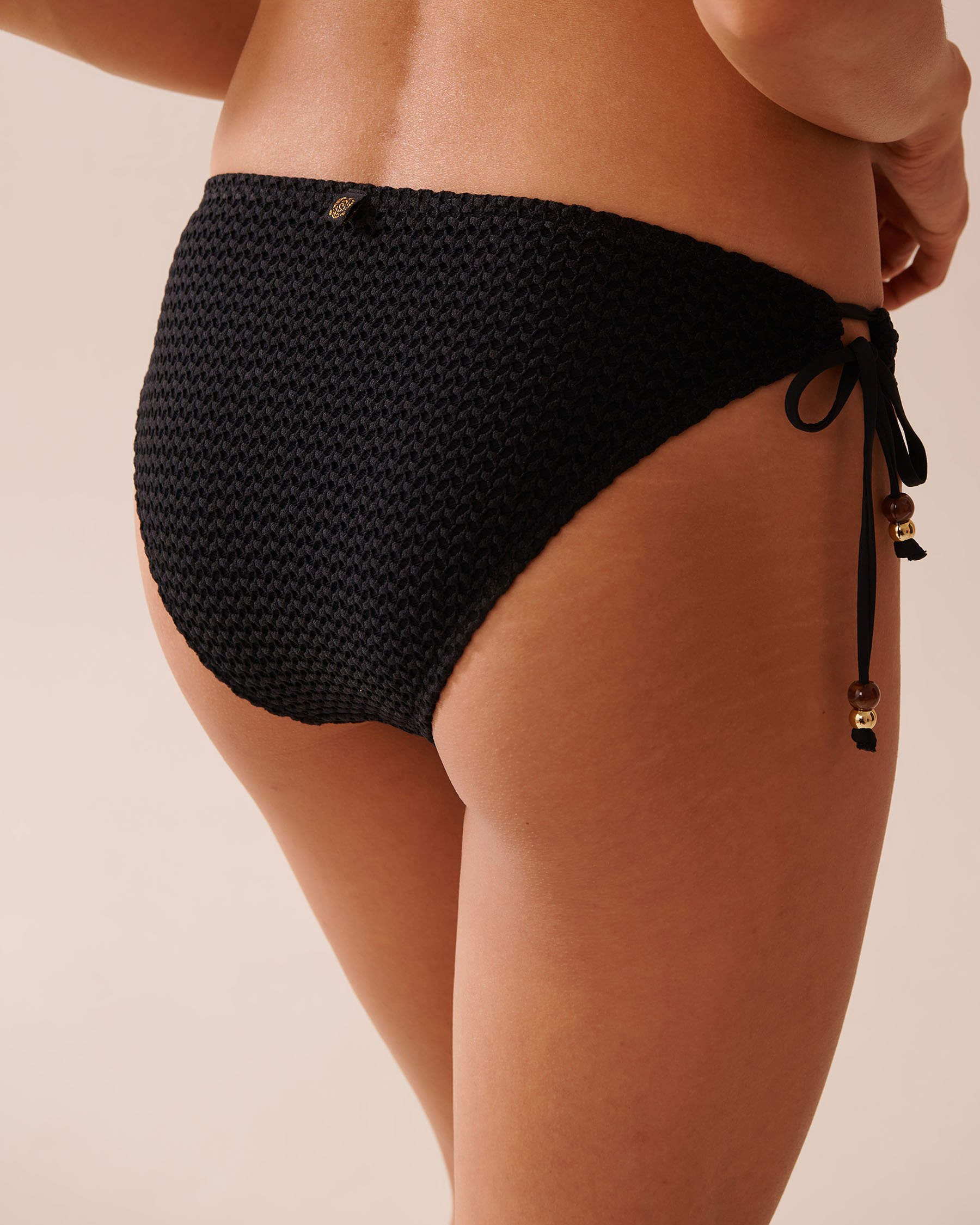 LA VIE EN ROSE AQUA SOLID Crochet Side Tie Brazilian Bikini Bottom Black 70300696 - View3
