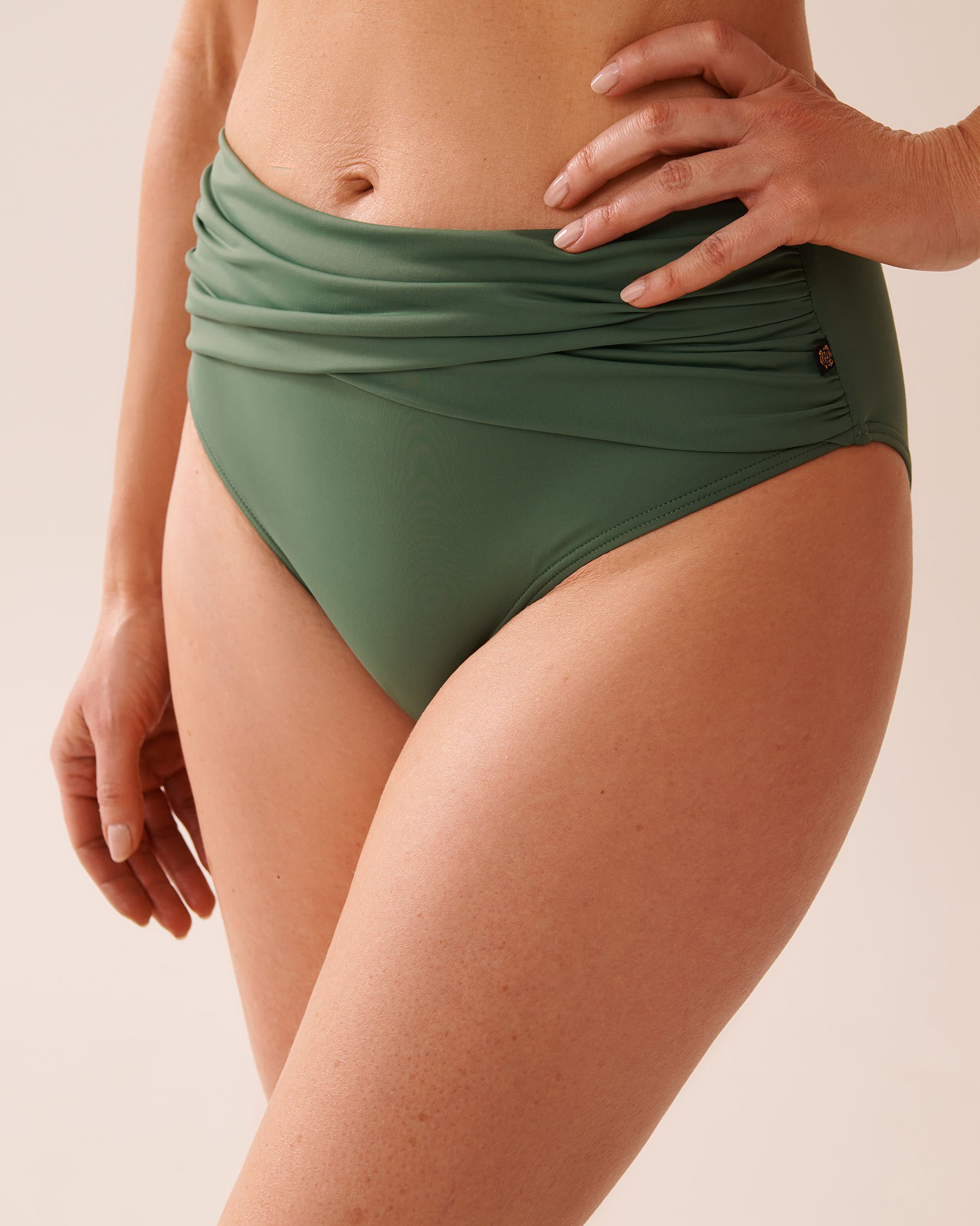 LA VIE EN ROSE AQUA KHAKI Recycled Fibers Draped Mid Waist Bikini Bottom Khaki 70300735 - View1