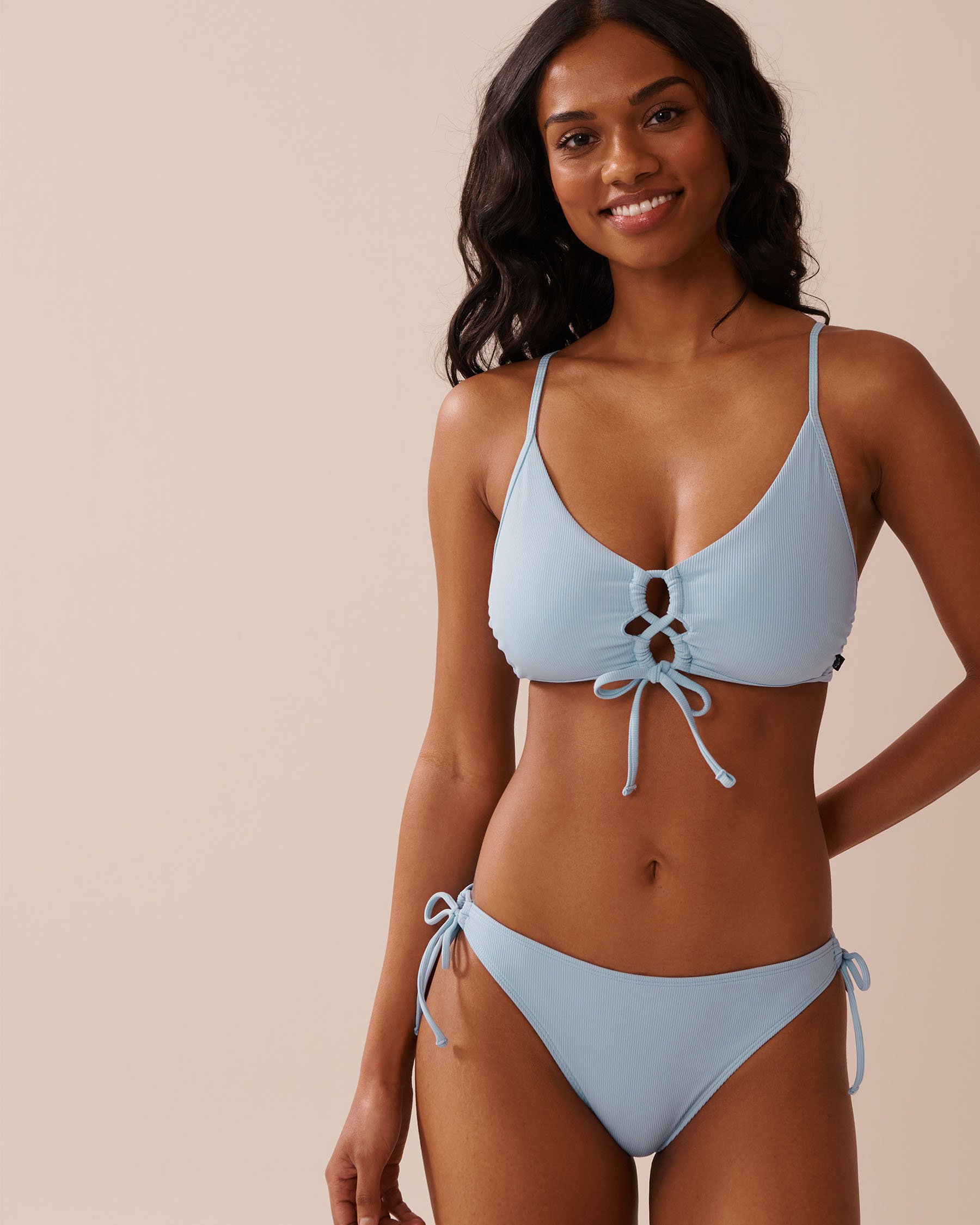 LA VIE EN ROSE AQUA BABY BLUE Ribbed Side Tie Brazilian Bikini Bottom Baby Blue 70300722 - View3
