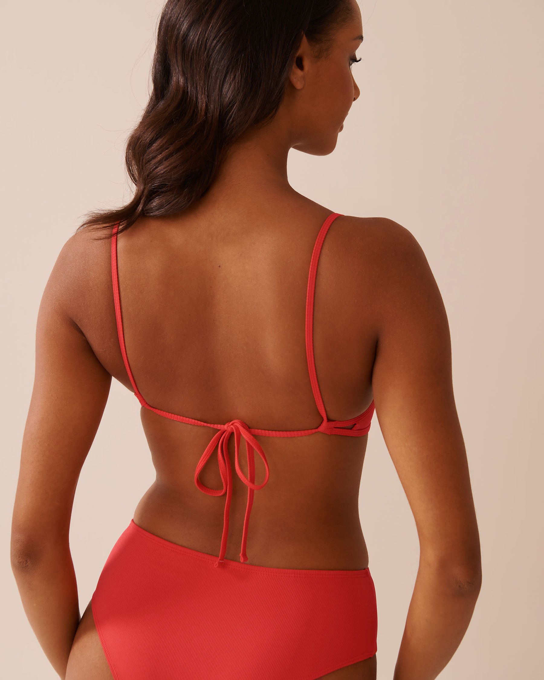 LA VIE EN ROSE AQUA HIBISCUS Crisscross Detail Ribbed Bralette Bikini Top Hibiscus Red 70100766 - View3