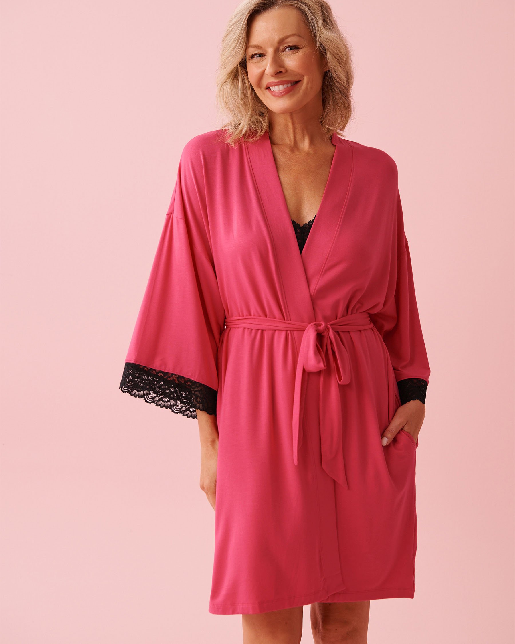 LA VIE EN ROSE Lace Trim Modal Kimono Fuchsia Pink 60600112 - View2