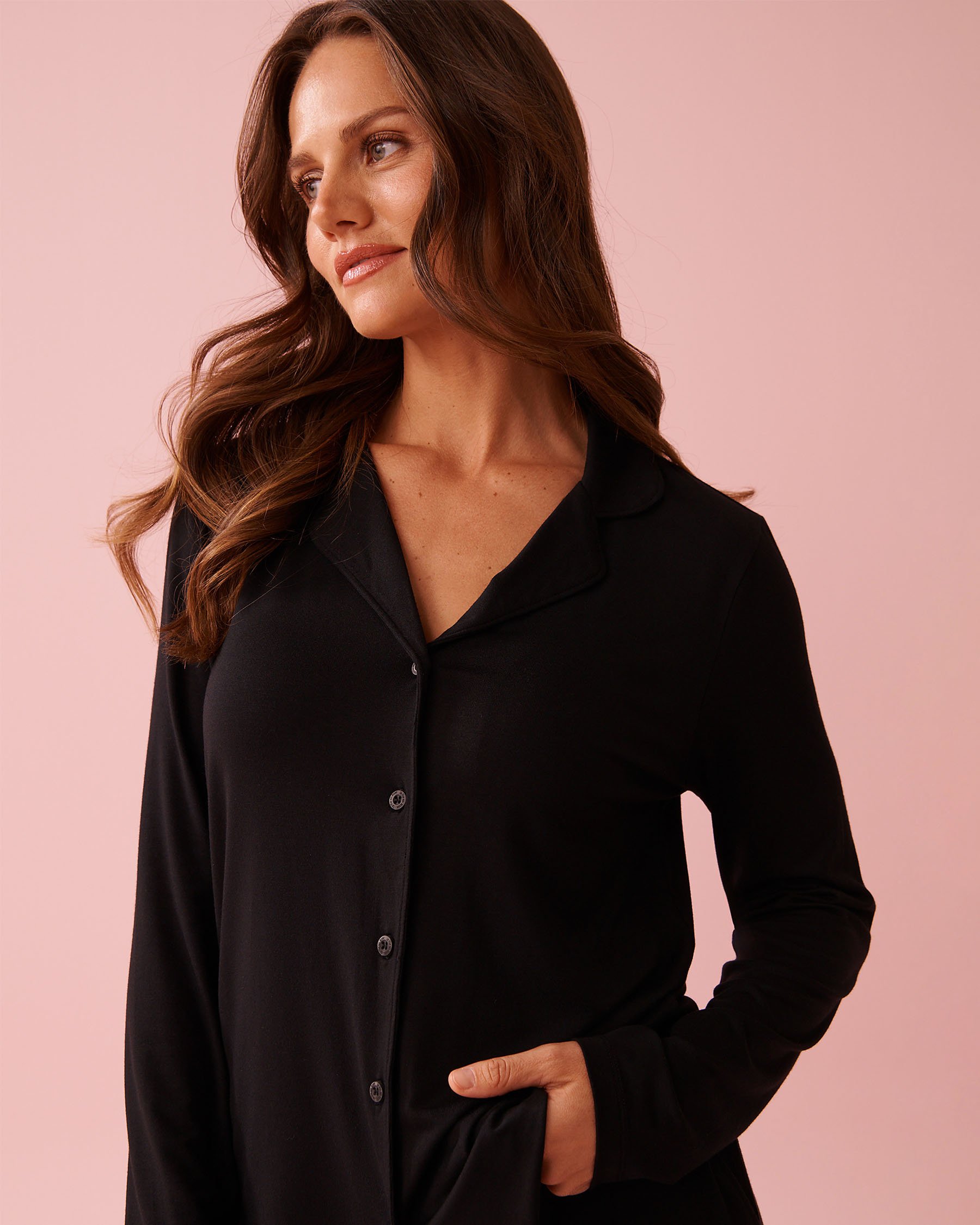 LA VIE EN ROSE Modal Long Sleeve Button-down Shirt Black 60100179 - View3