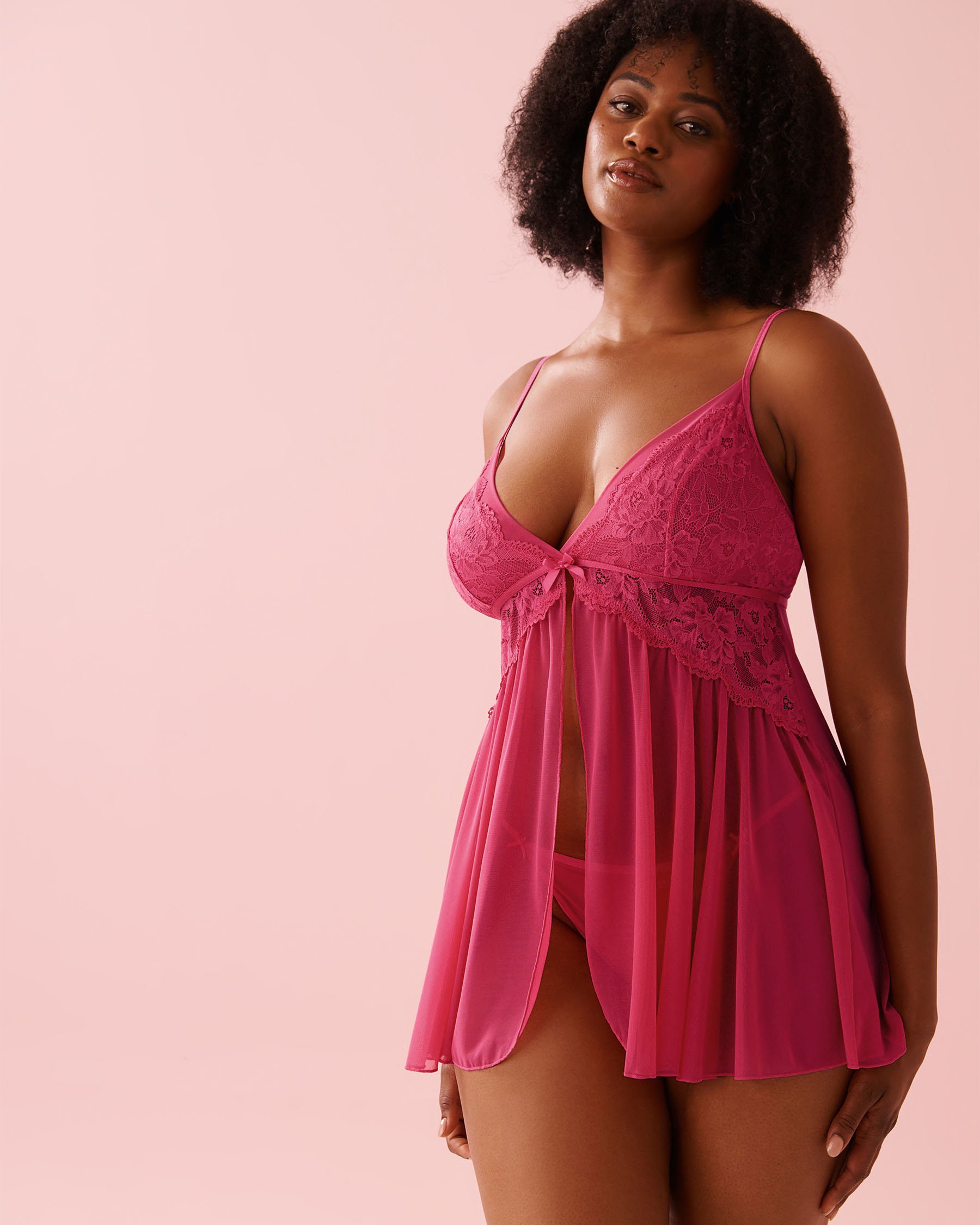 LA VIE EN ROSE Open Front Floral Lace and Mesh Babydoll Fuchsia Pink 60500223 - View5