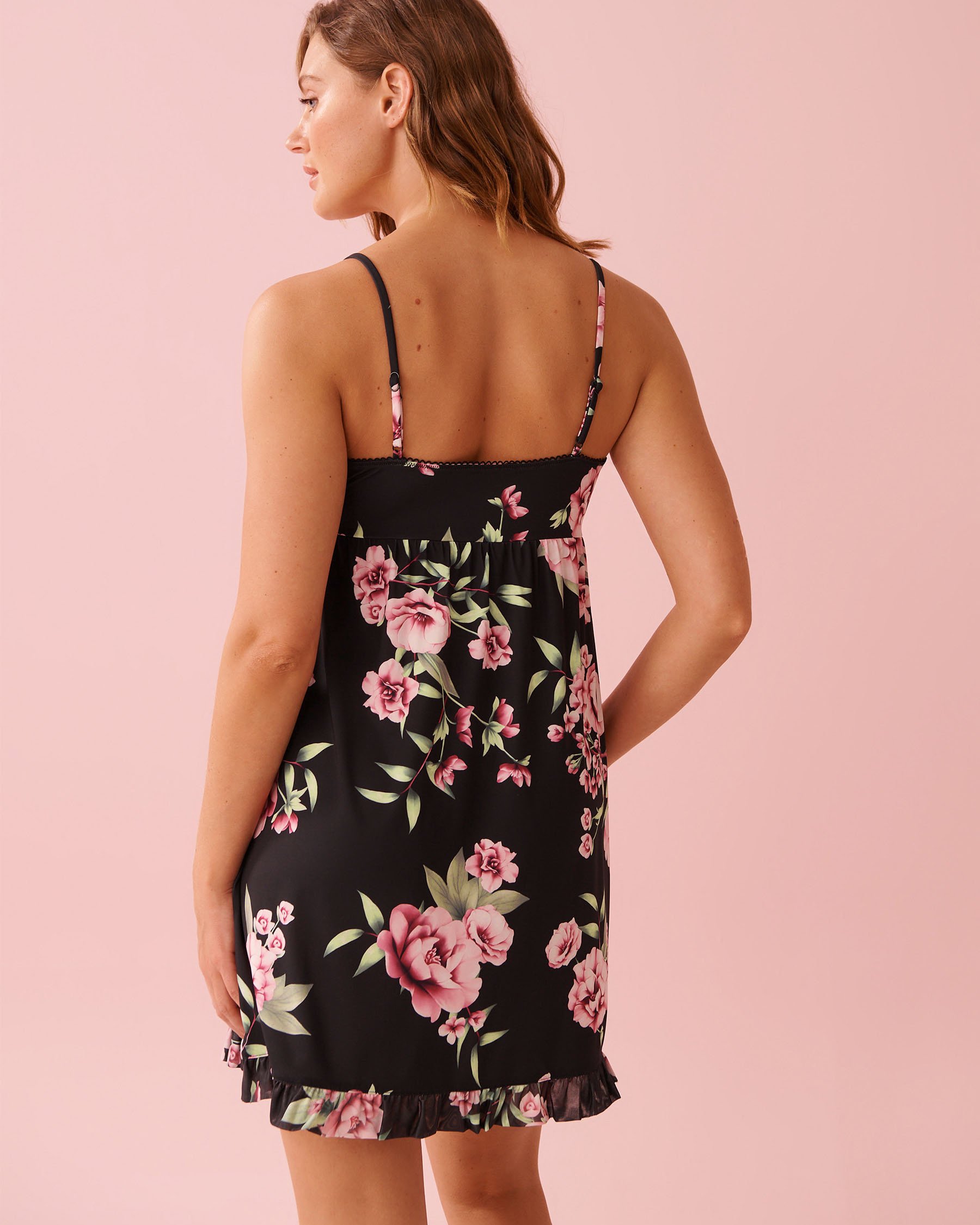 LA VIE EN ROSE Peony Print Recycled Fibers Mesh Trim Nightie Black/Pink Flowers 60500220 - View2