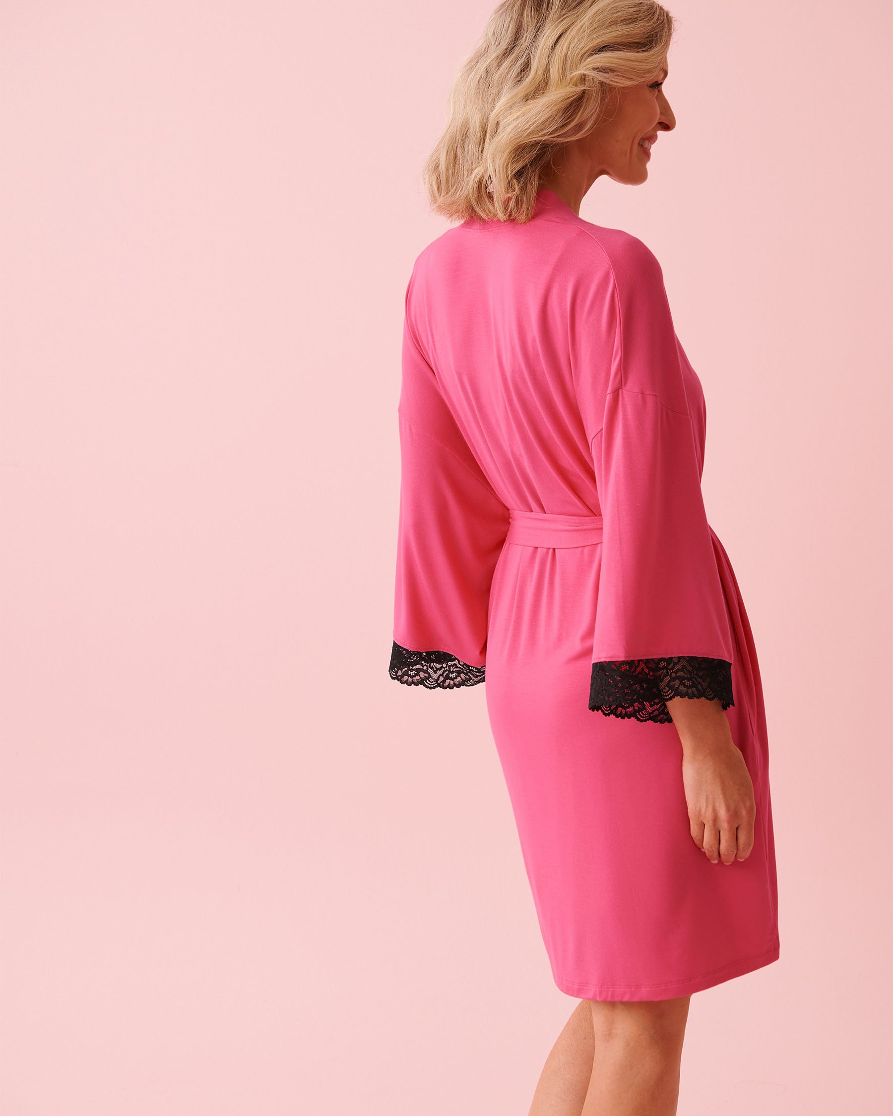 LA VIE EN ROSE Lace Trim Modal Kimono Fuchsia Pink 60600112 - View3