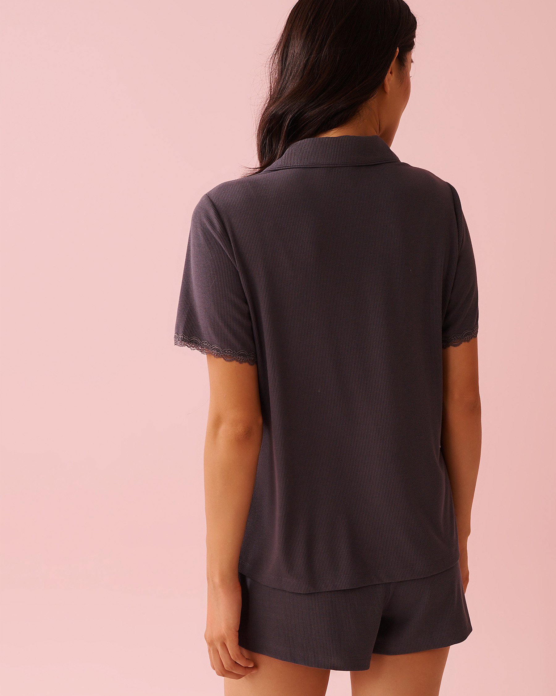 LA VIE EN ROSE Ribbed Modal and Lace Trim Button-down Shirt Anthracite 60100177 - View2