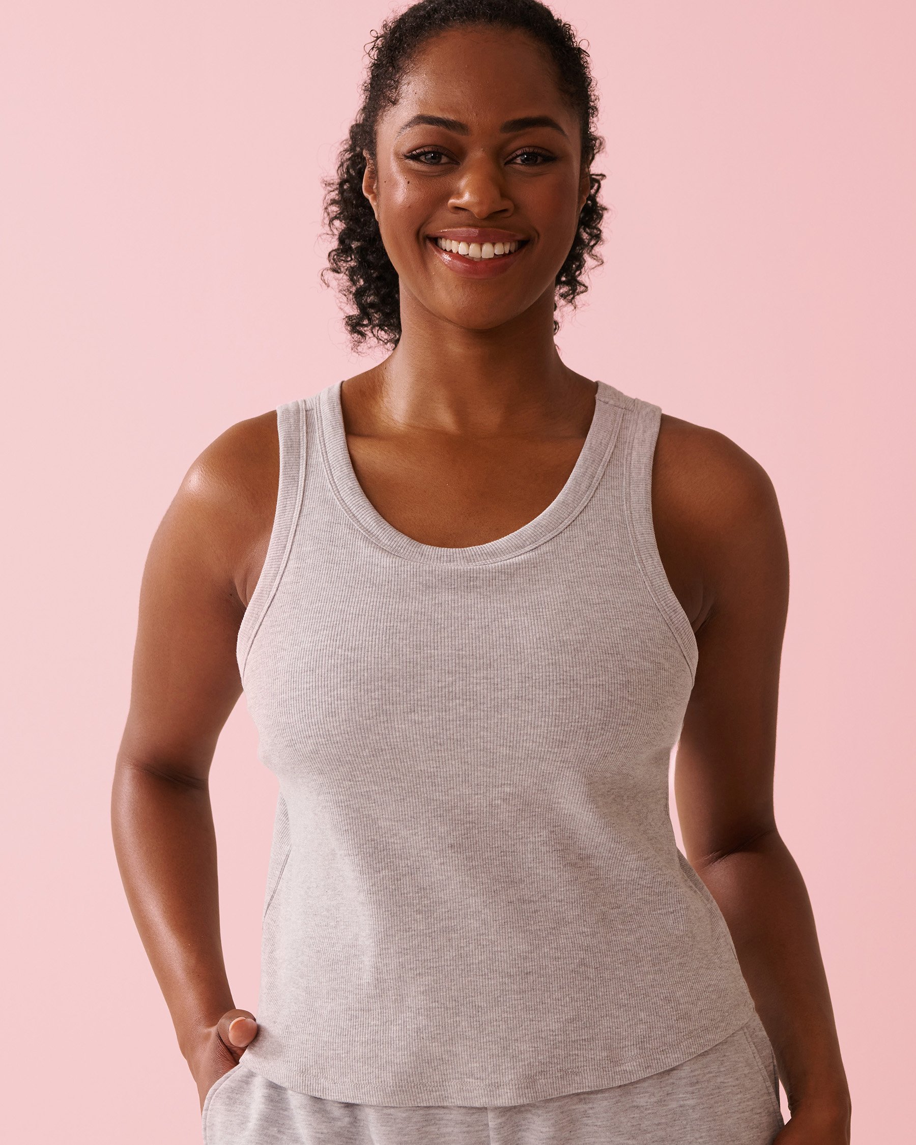 LA VIE EN ROSE Ribbed Cotton Cami with Shelf Bra Grey 50100124 - View1