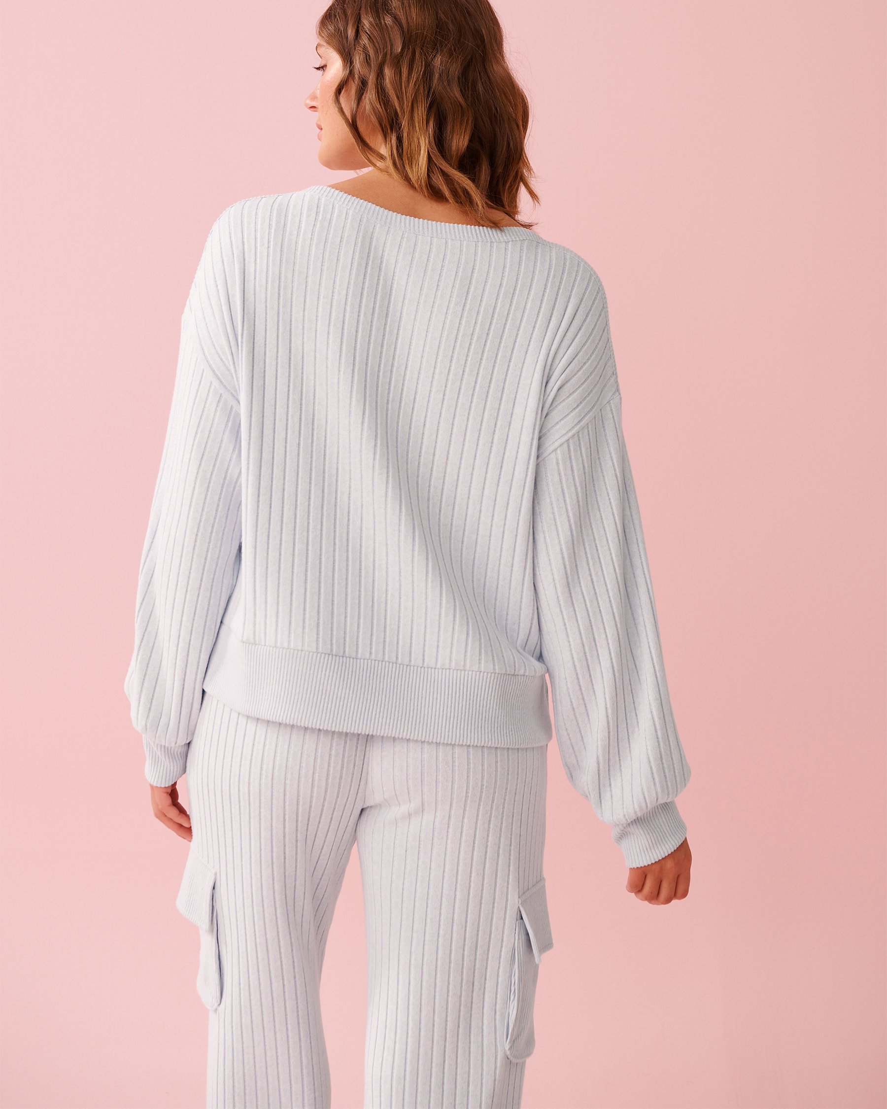 LA VIE EN ROSE Ribbed Knit Long Sleeve Shirt Porcelain Blue 50100122 - View2