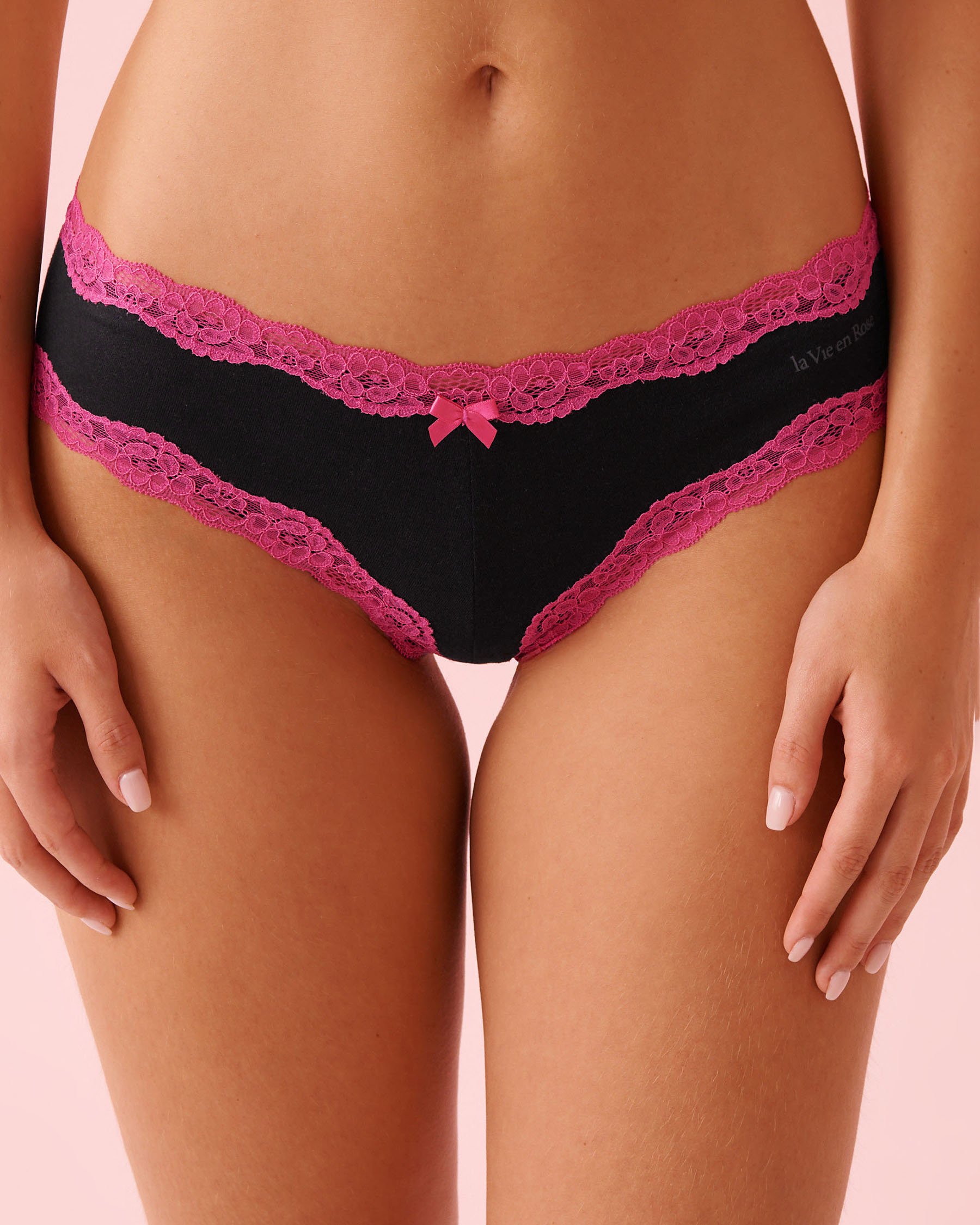 LA VIE EN ROSE Cotton and Lace Trim Cheeky Panty Black 20100709 - View1