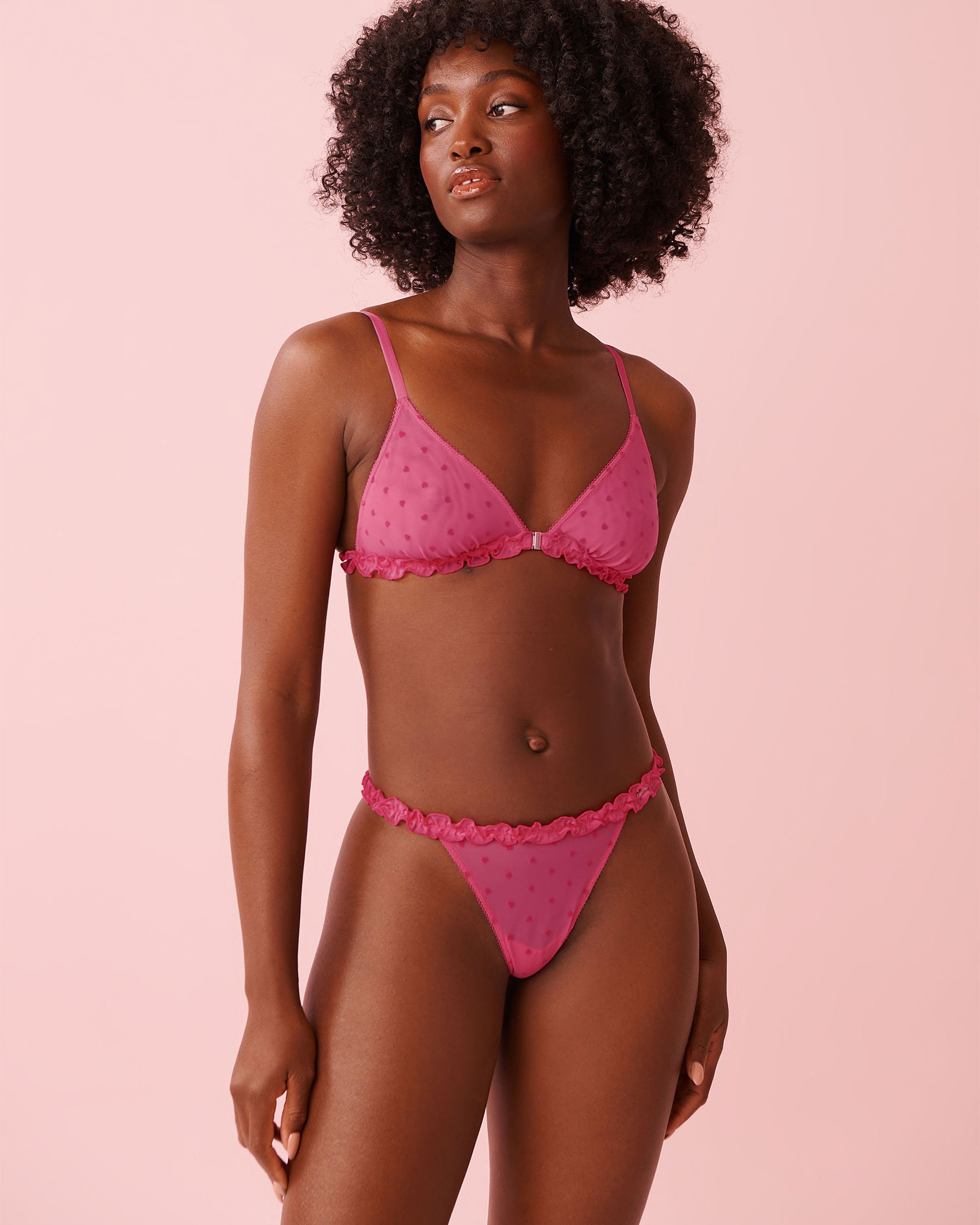 LA VIE EN ROSE Heart Mesh and Ruffle Waistband String Panty Fuchsia Pink 20300469 - View3