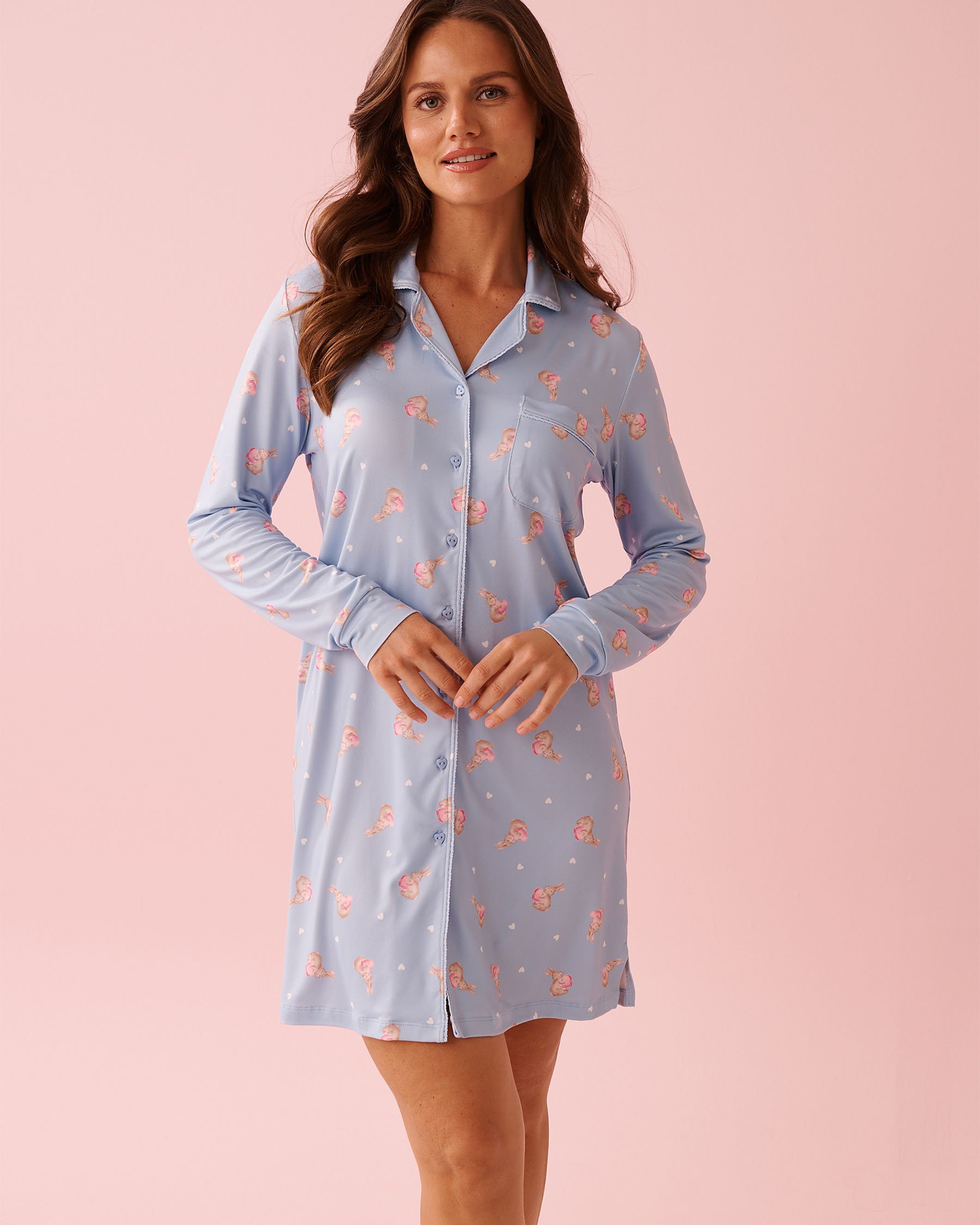 LA VIE EN ROSE Bunny Print Super Soft Button-down Sleepshirt Cloud Blue 40500473 - View1
