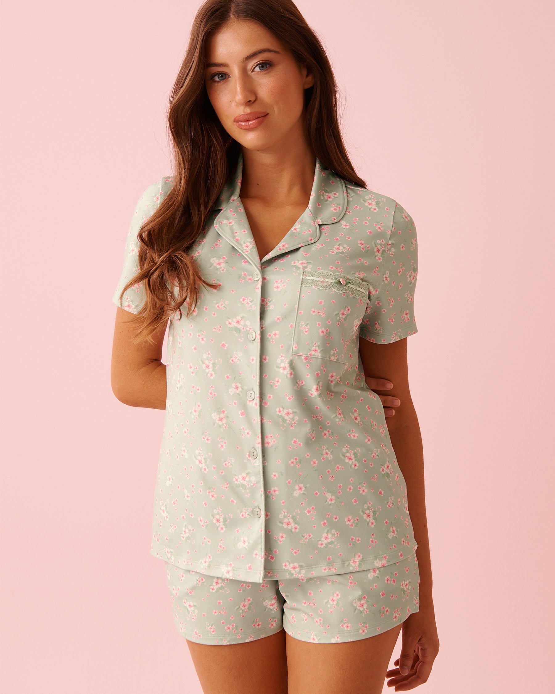 LA VIE EN ROSE Cherry Blossom Print Super Soft Button-down Shirt Mineral Green 40100833 - View1