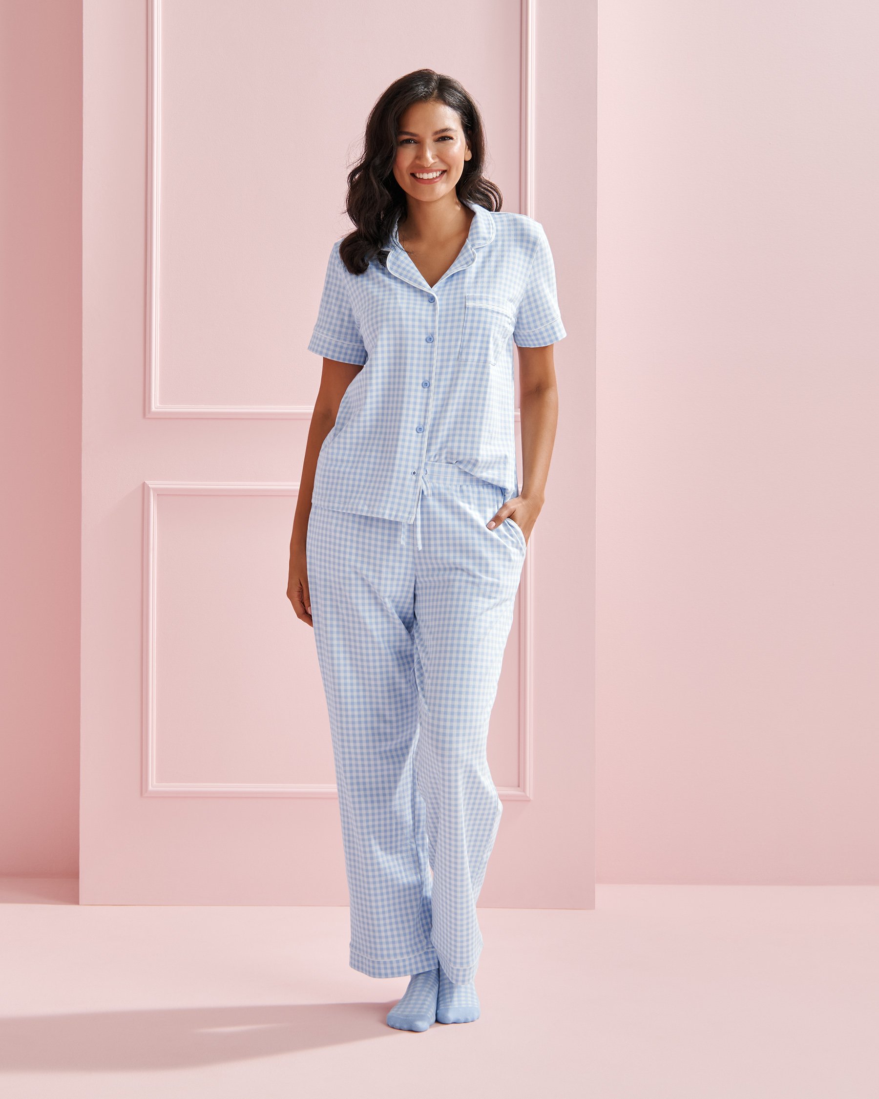 LA VIE EN ROSE Cotton Short Sleeve Button-down Shirt Blue Gingham 40100824 - View1