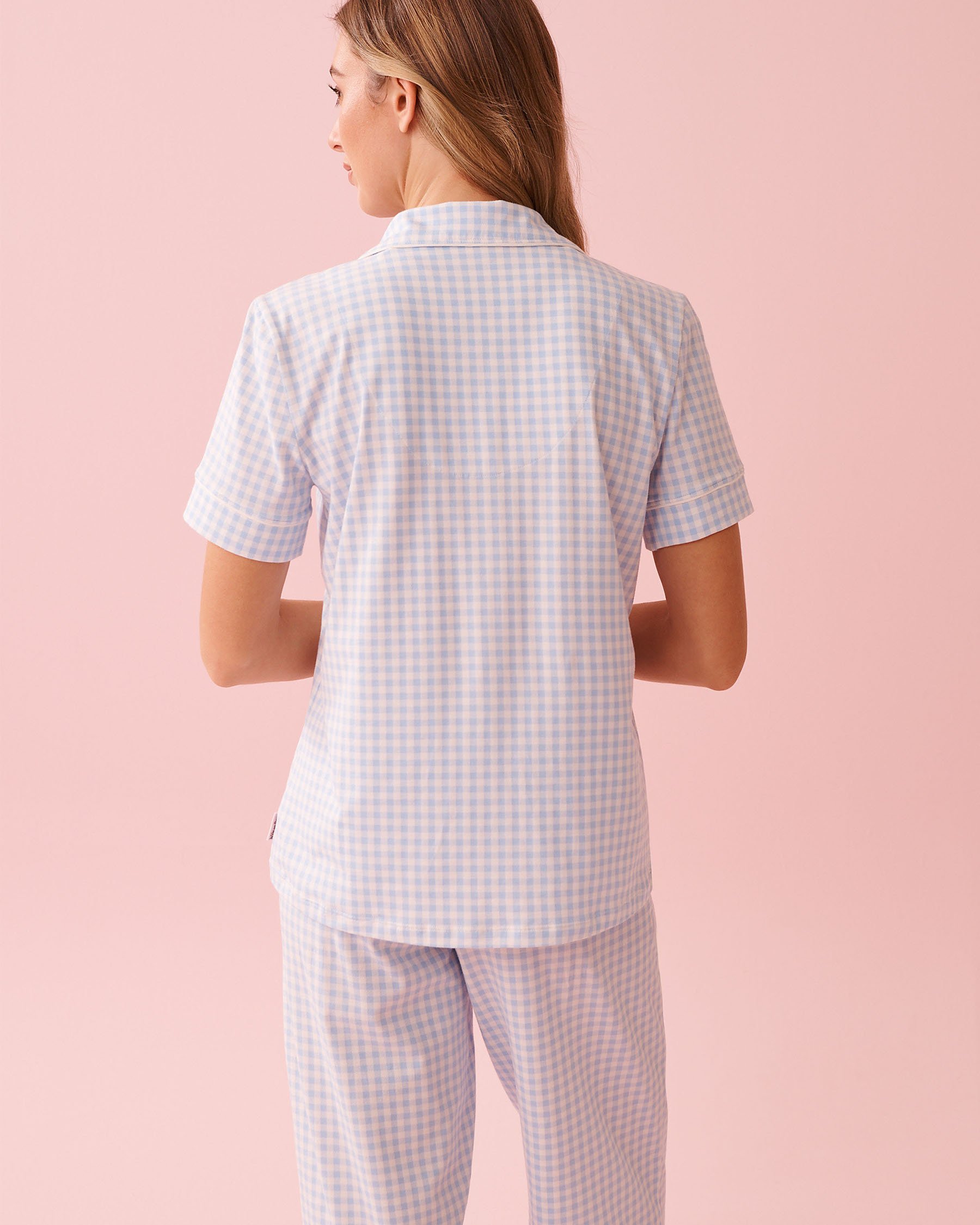 LA VIE EN ROSE Cotton Short Sleeve Button-down Shirt Blue Gingham 40100824 - View3