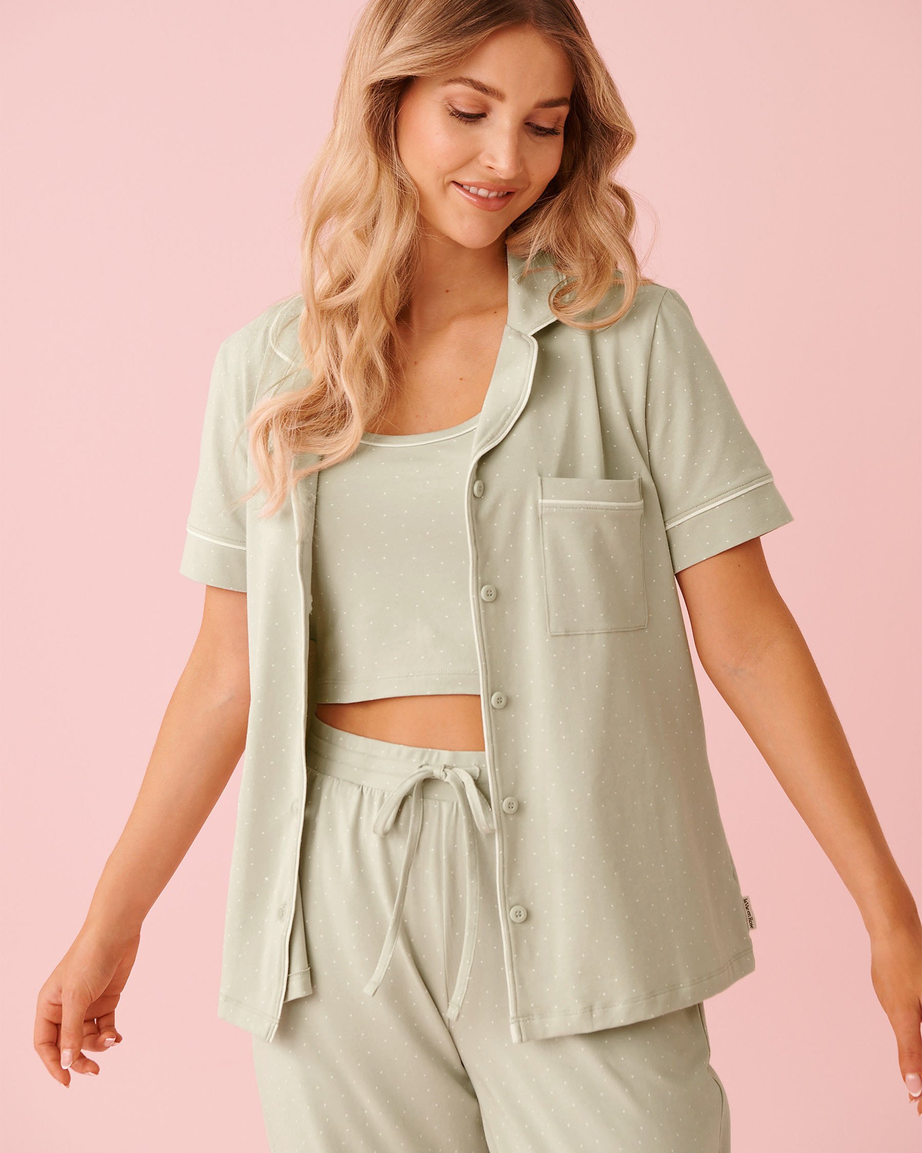 LA VIE EN ROSE Cotton Short Sleeve Button-down Shirt Green Polka Dot 40100824 - View4