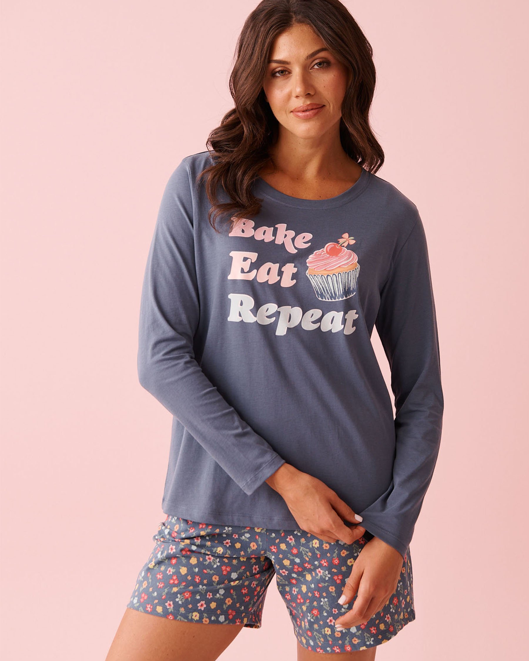 LA VIE EN ROSE Cupcake Print Cotton Long Sleeve Shirt Misty Blue 40100835 - View1