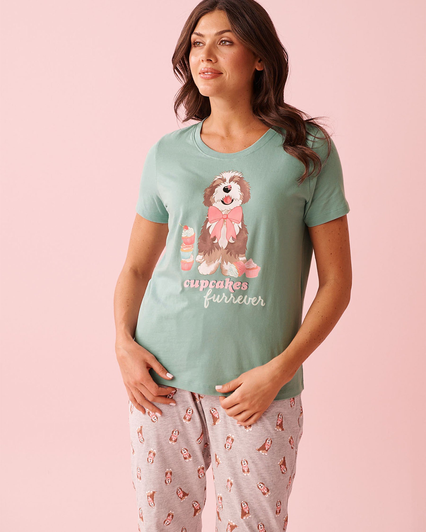 LA VIE EN ROSE Dog & Cupcake Print Cotton Crew Neck T-shirt Dusty Mint 40100836 - View1