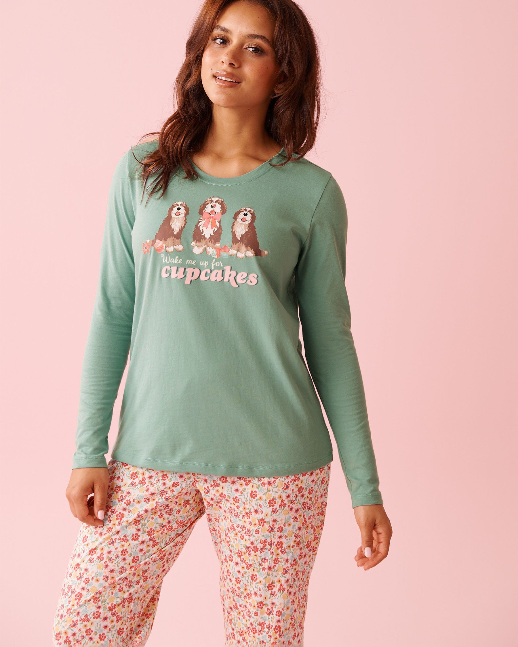 LA VIE EN ROSE Dog & Cupcake Print Cotton Long Sleeve Shirt Dusty Mint 40100835 - View1
