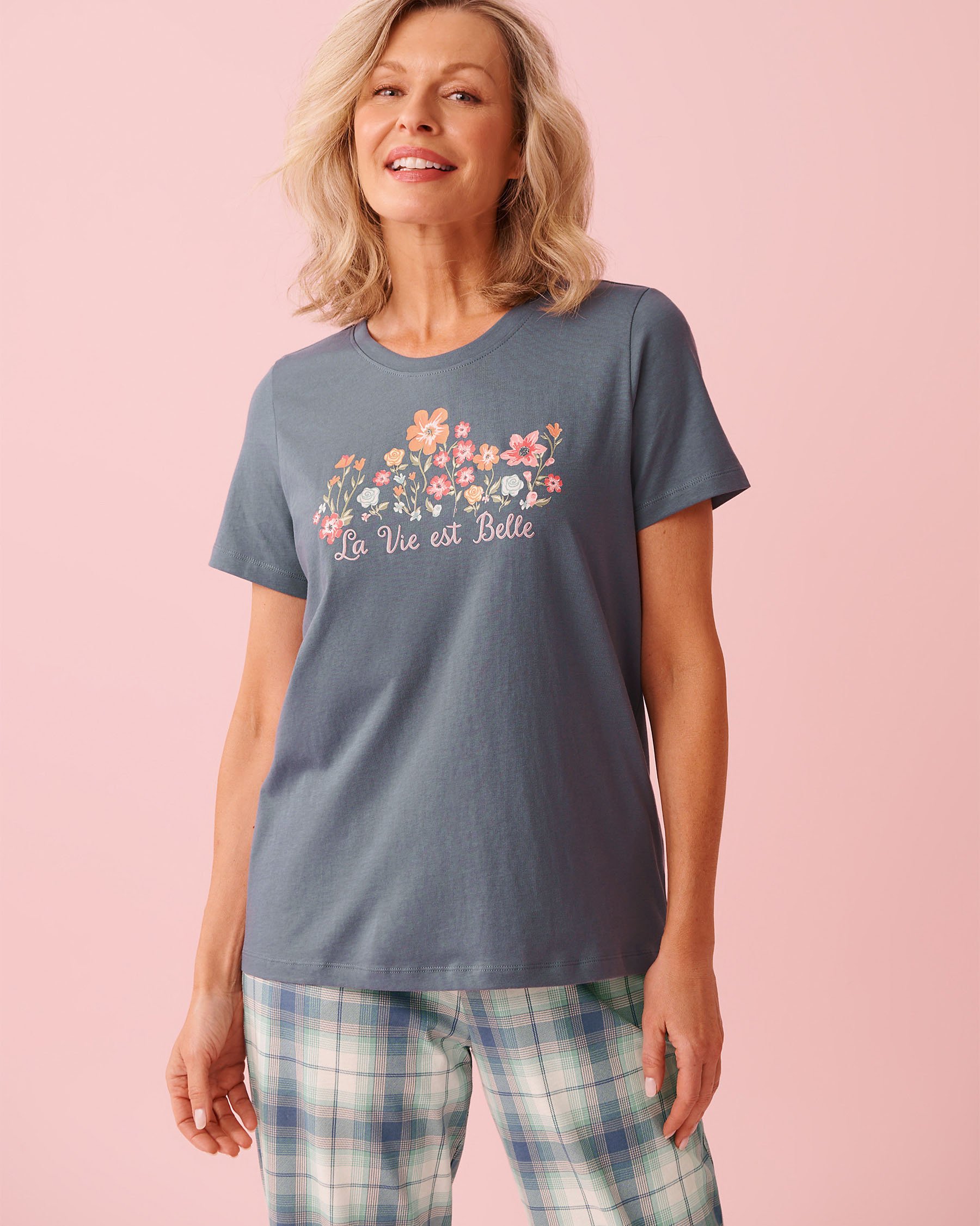LA VIE EN ROSE Floral Print Cotton Crew Neck T-shirt Misty Blue 40100836 - View1