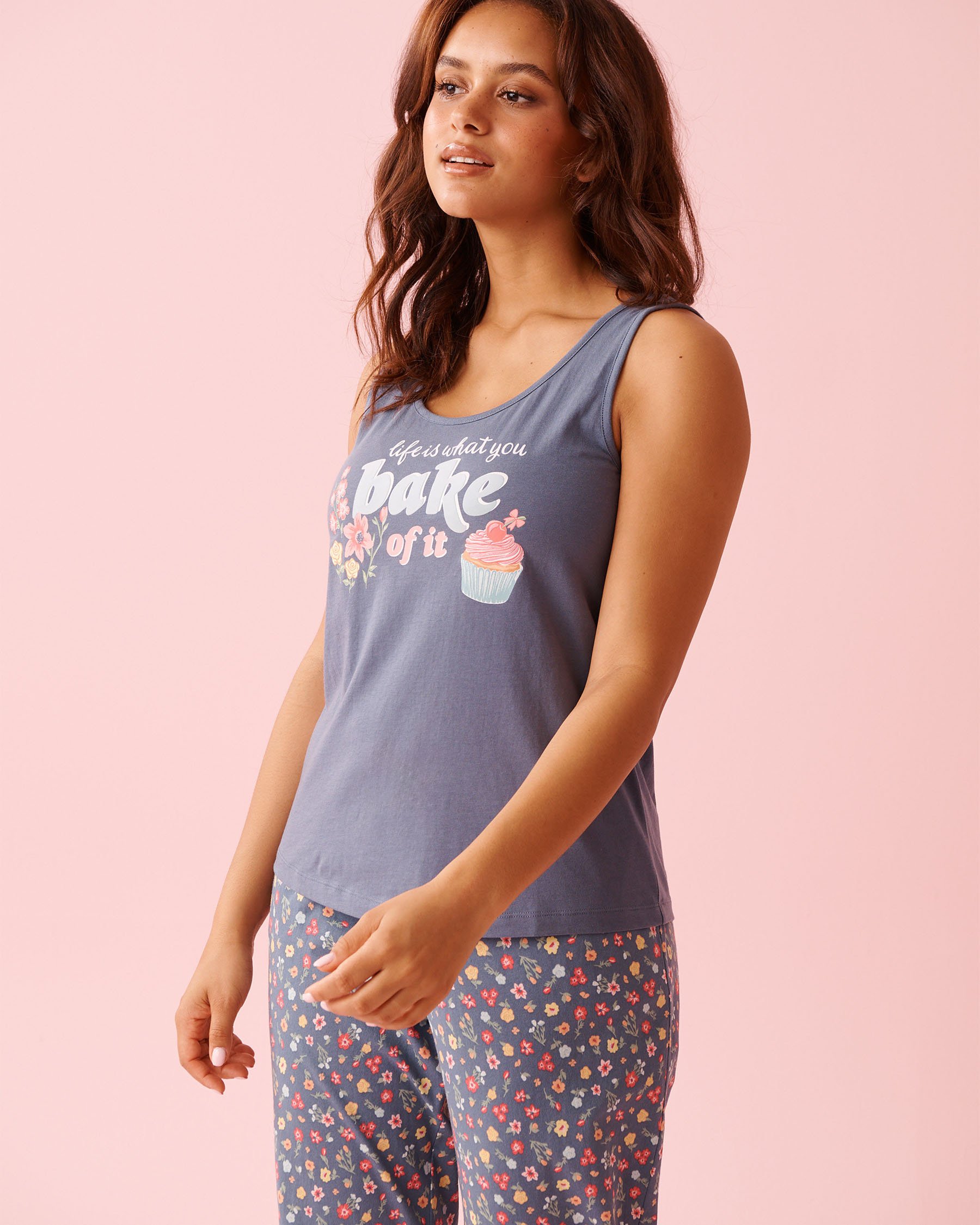 LA VIE EN ROSE Flowers & Cupcake Print Cotton Scoop Neck Cami Misty Blue 40100834 - View1