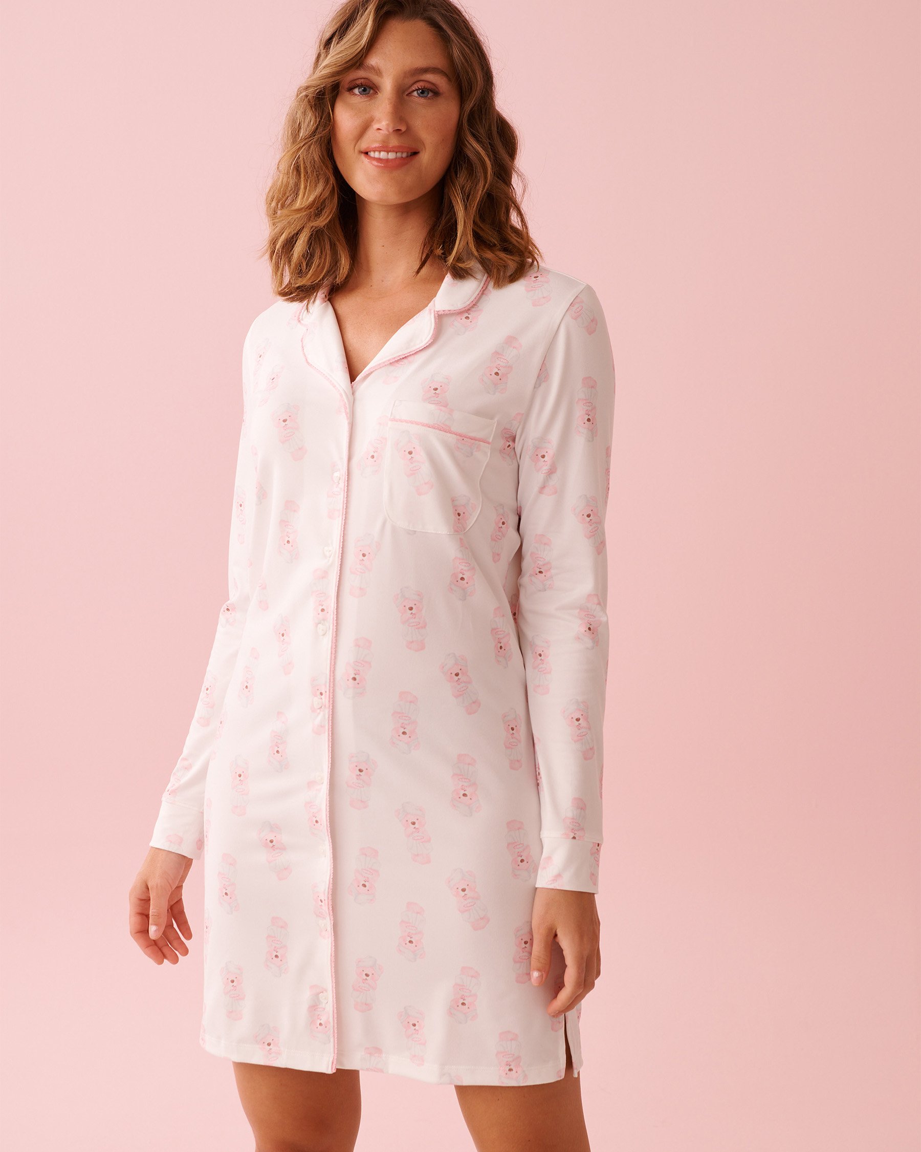 LA VIE EN ROSE Spa Time Teddy Print Super Soft Button-down Sleepshirt White 40500476 - View1