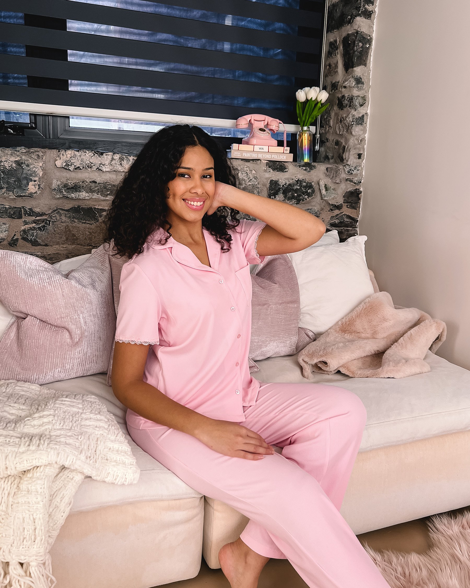 LA VIE EN ROSE Ribbed Modal Short Sleeve Button-down Shirt Dreamy Pink 60100177 - View4